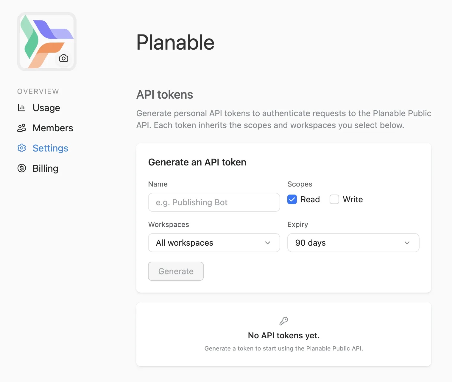 Planable settings page for generating API tokens with scopes, workspaces, and expiry options.