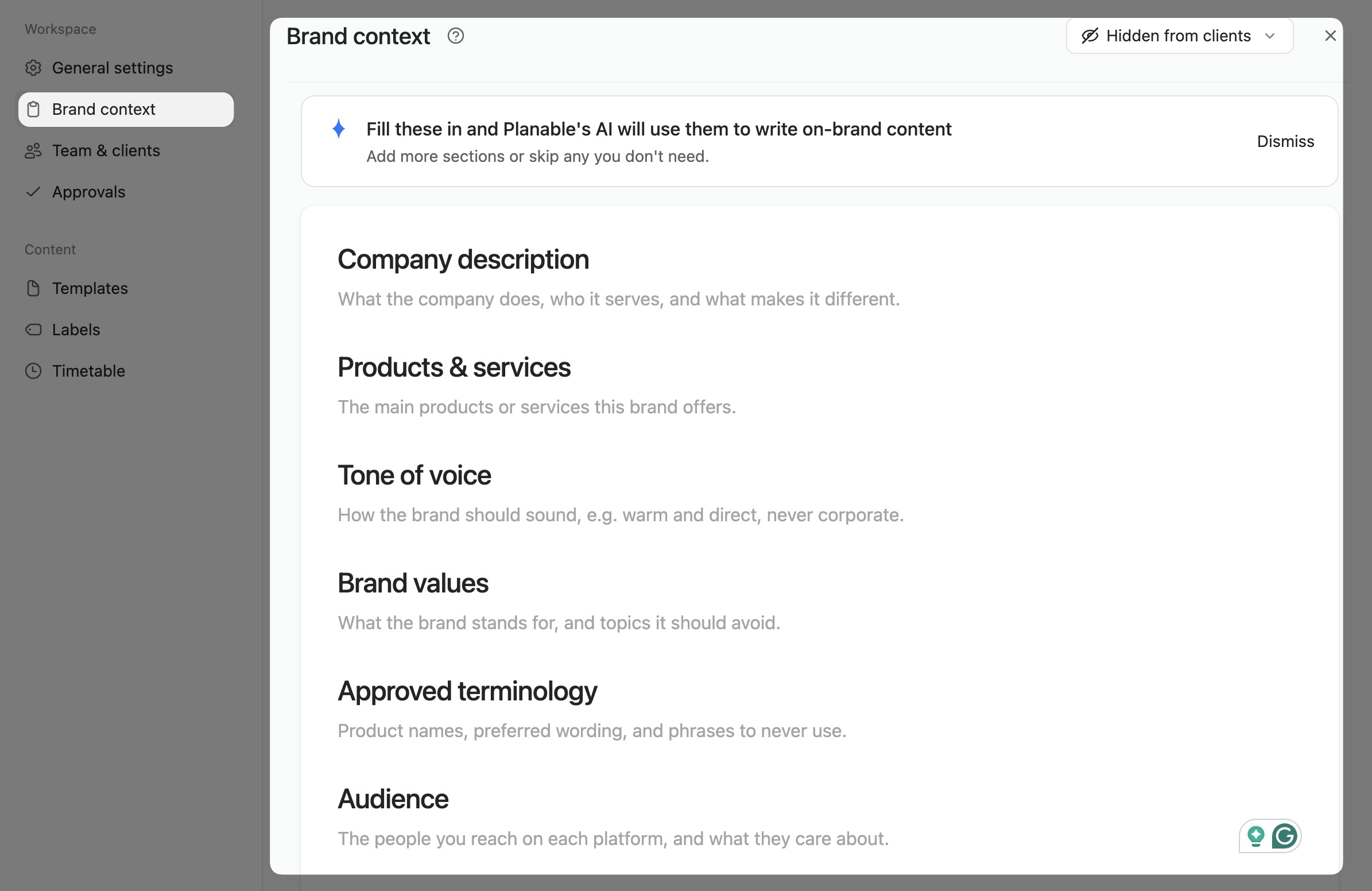 Planable Brand Context settings for company details, tone of voice, values, terminology, and audience.