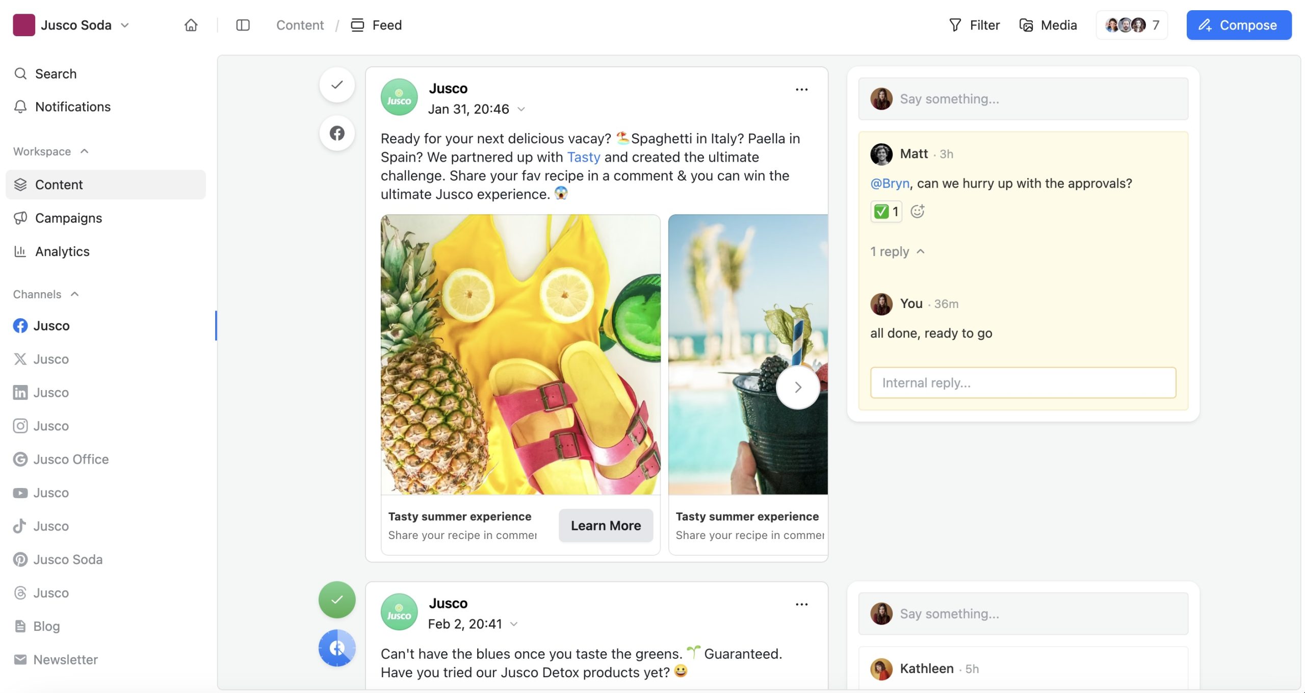 Planable feed view showing scheduled social posts, channel previews, and team approval comments.