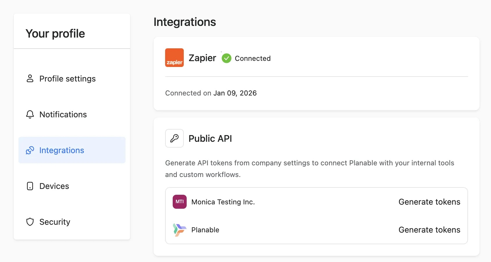 Planable integrations page showing Zapier connected and Public API token generation options.