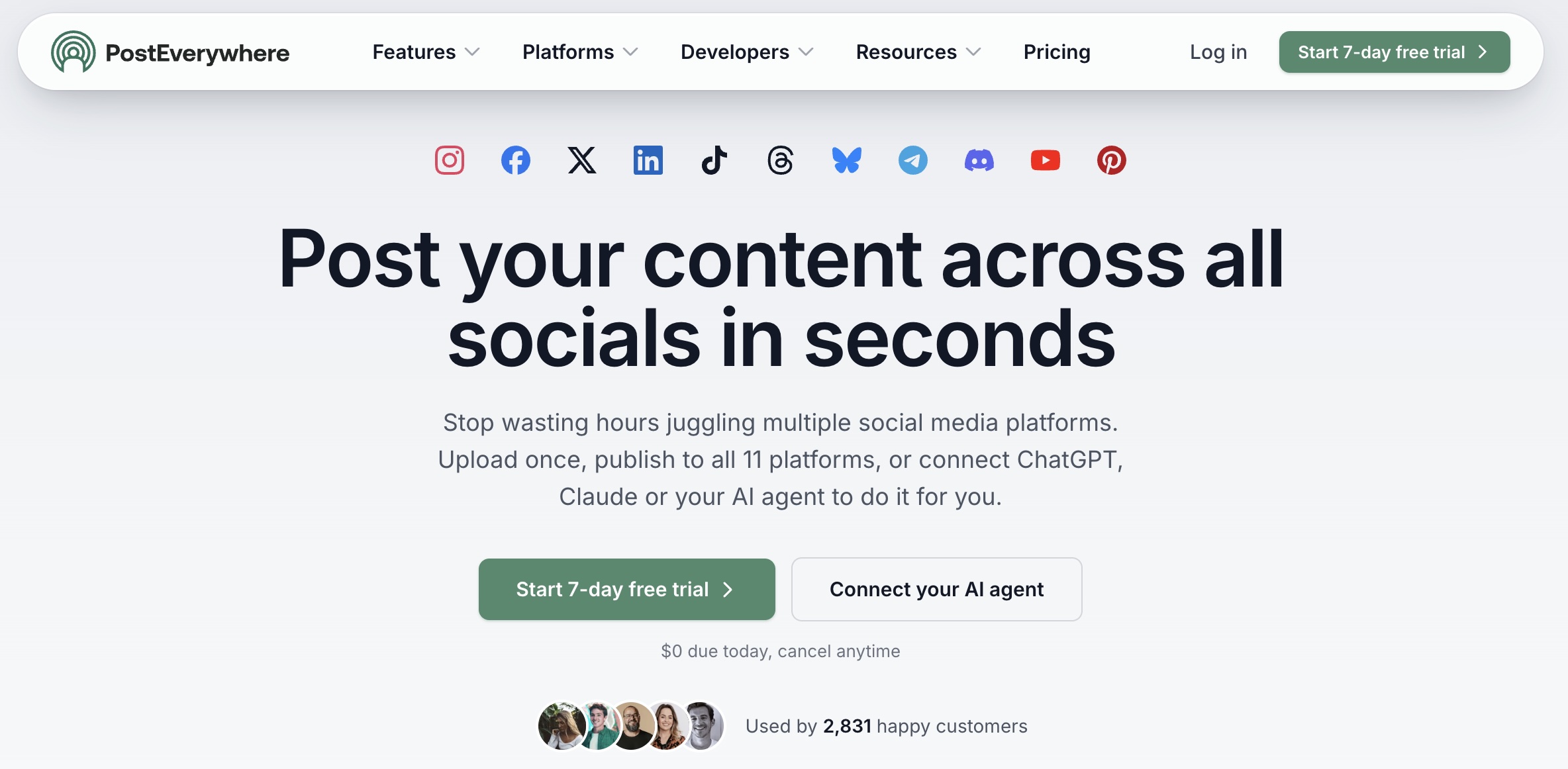 PostEverywhere homepage for publishing content across social platforms and connecting AI agents.