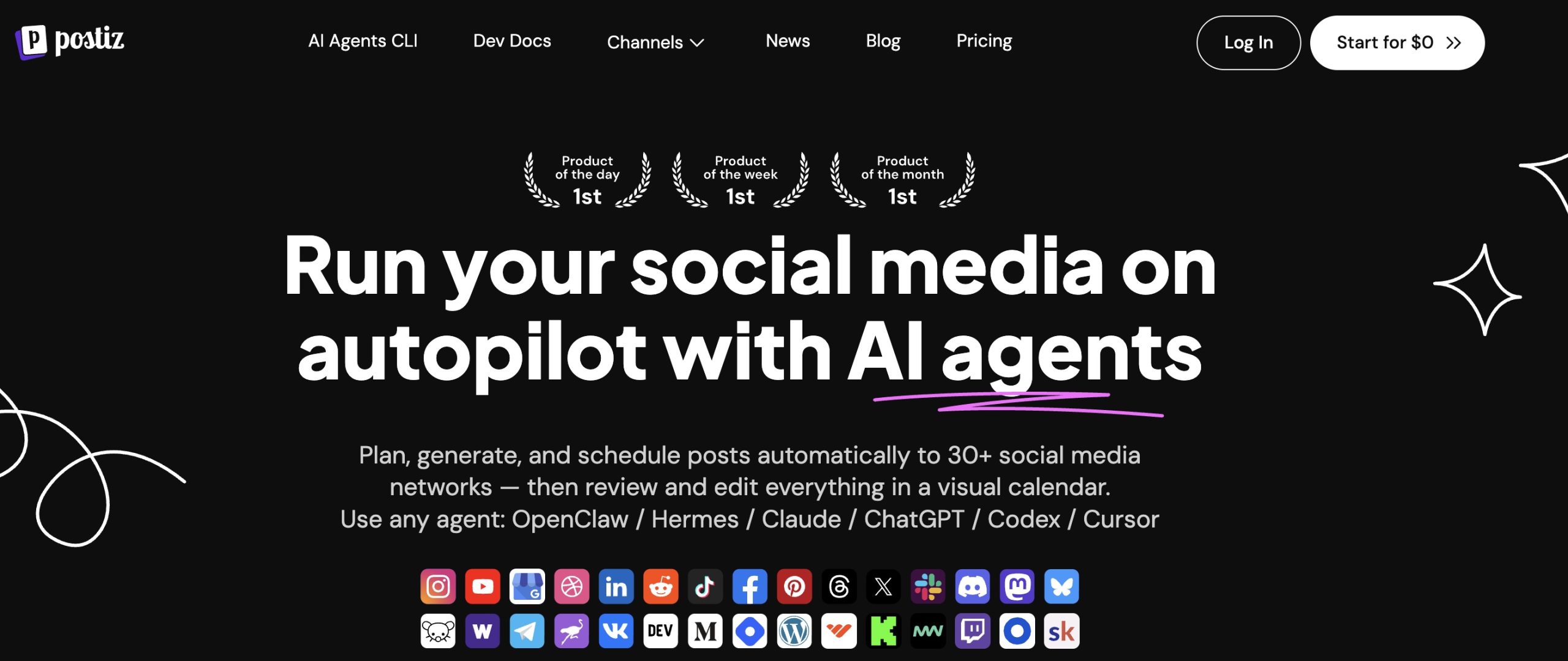 Postiz homepage promoting AI agents that plan, generate, and schedule social media posts.