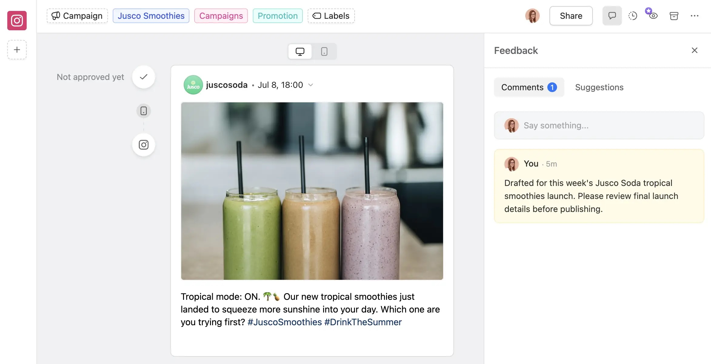 Planable post preview for Jusco smoothies with an internal comment requesting review before publishing.