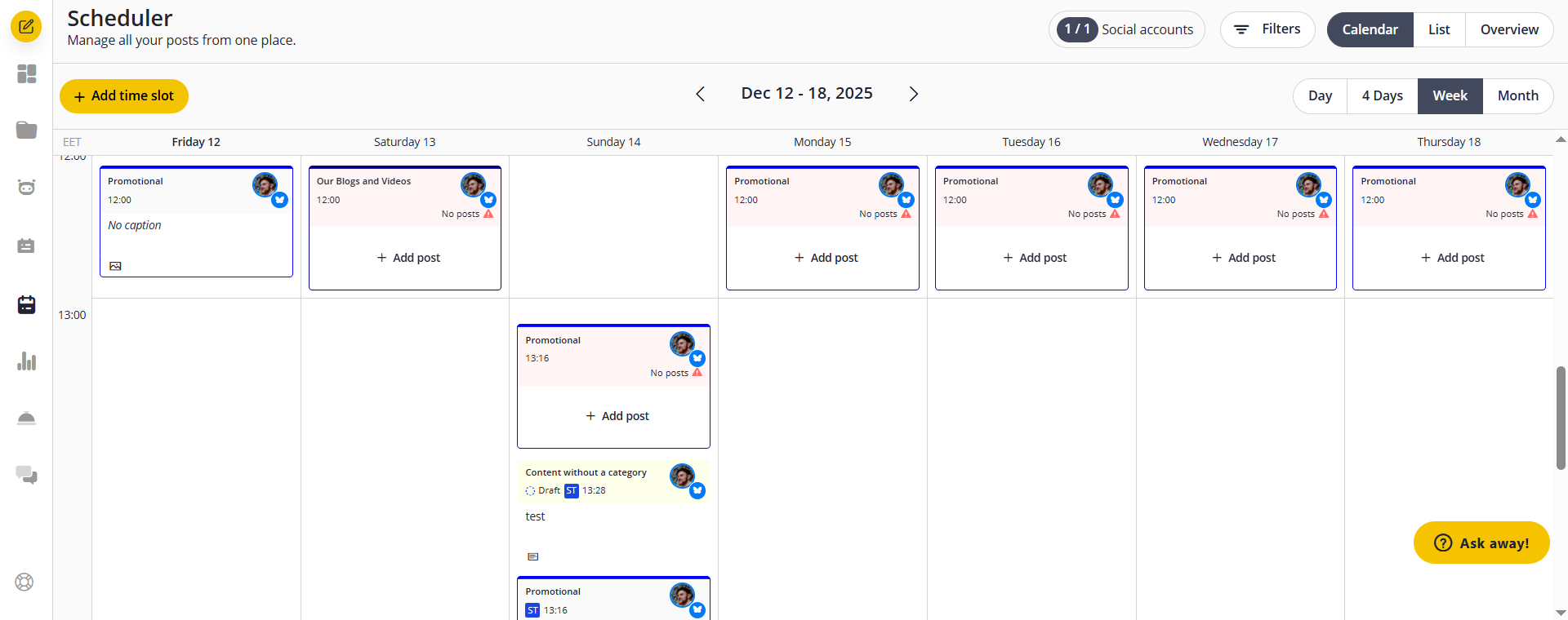 SocialBee weekly content calendar showing posts and available time slots.