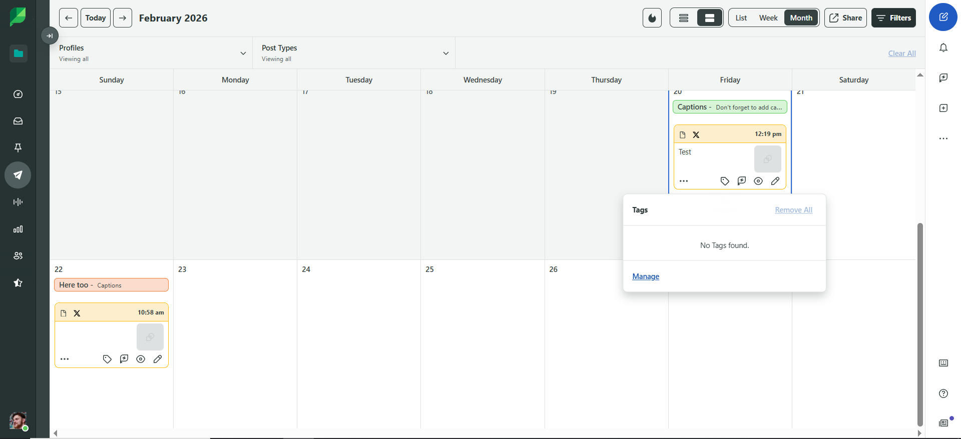 Sprout Social content calendar showing scheduled posts and tag options.