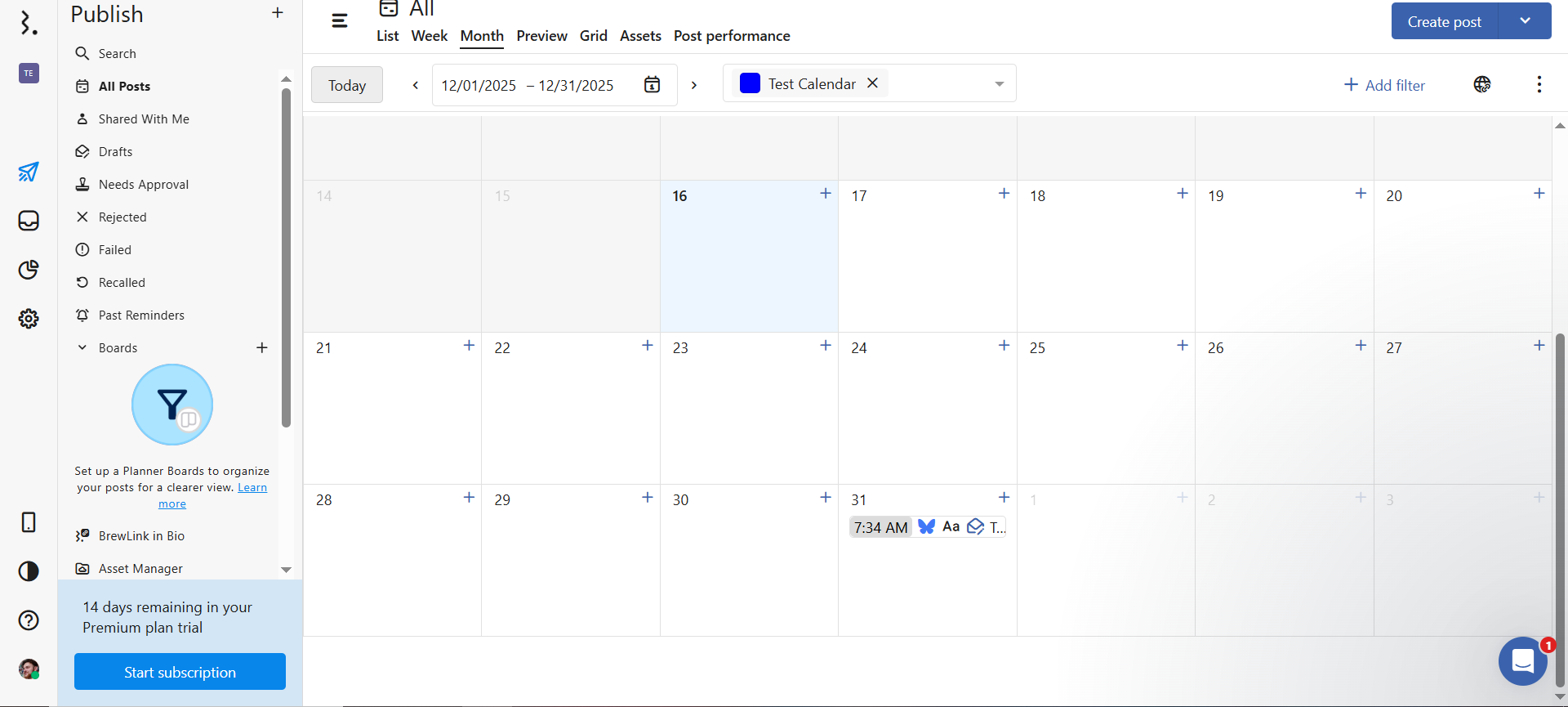 Statusbrew monthly content calendar showing a scheduled social post.