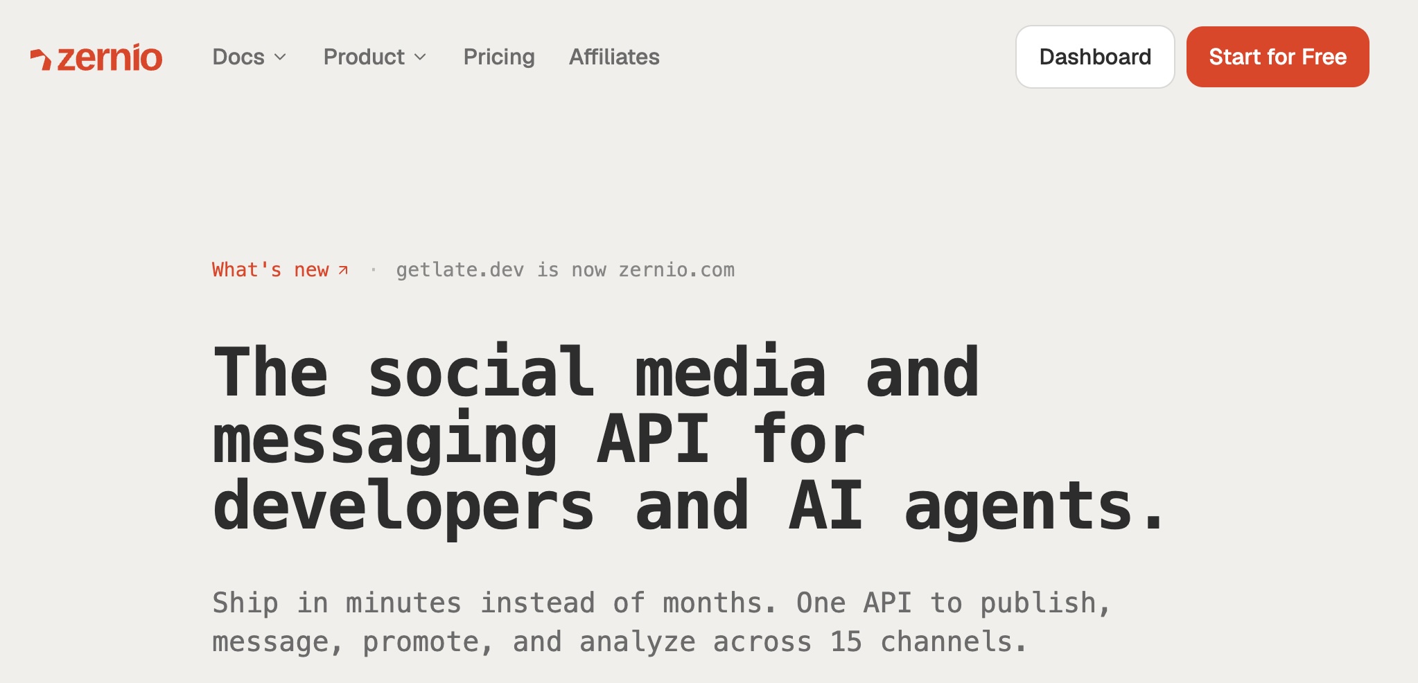 Zernio homepage promoting a social media and messaging API for developers and AI agents.