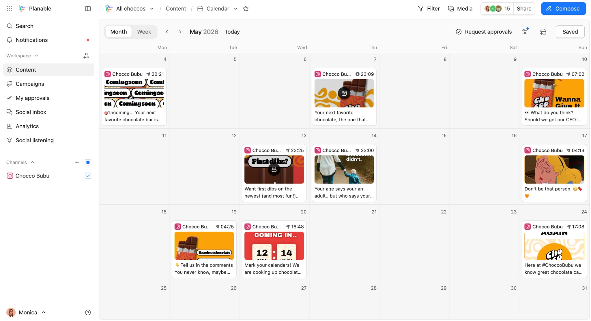Planable's May 2026 content calendar in month view with Chocco Bubu's scheduled Instagram posts.