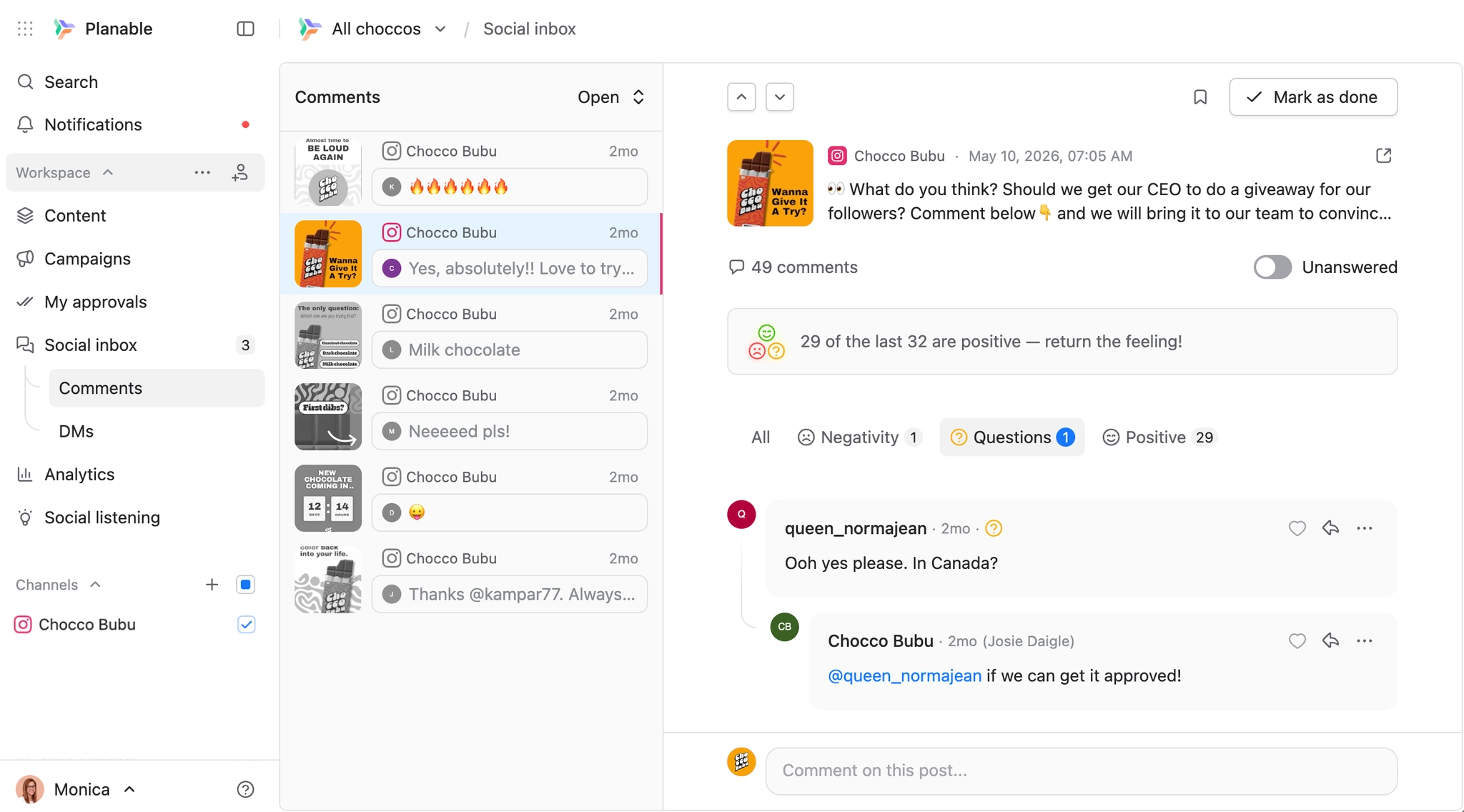 Planable's Social Inbox showing Chocco Bubu's Instagram comments in one feed, with a reply being written to a follower.