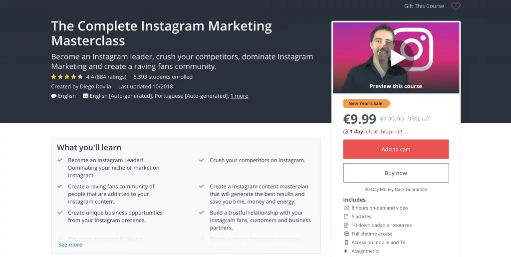 social media courses -Udemy The Complete Instagram Marketing Masterclass 2018