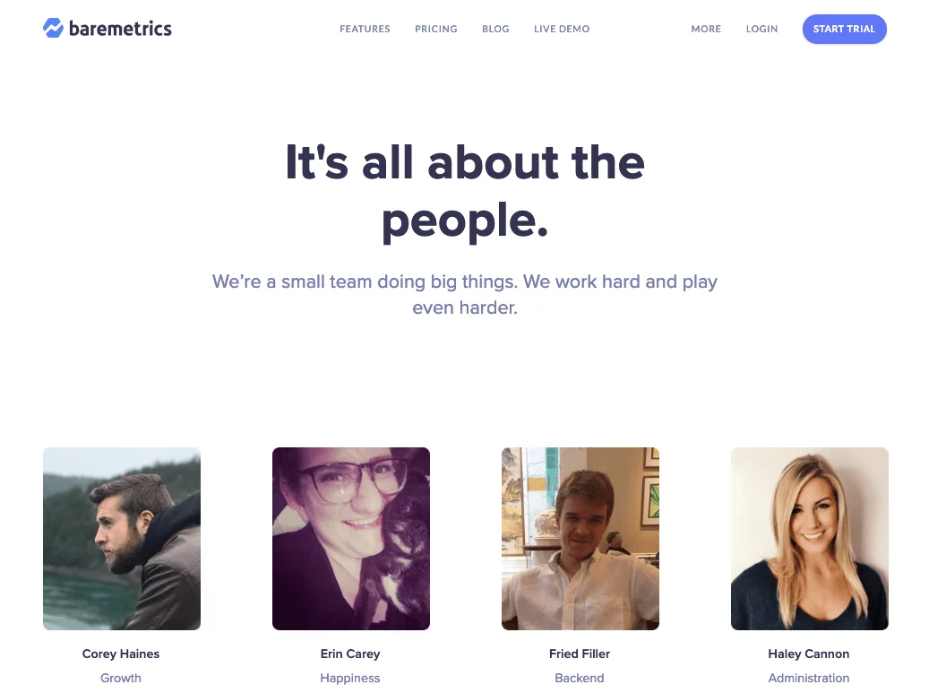 baremetrics its all about people landing page marketing collateral example