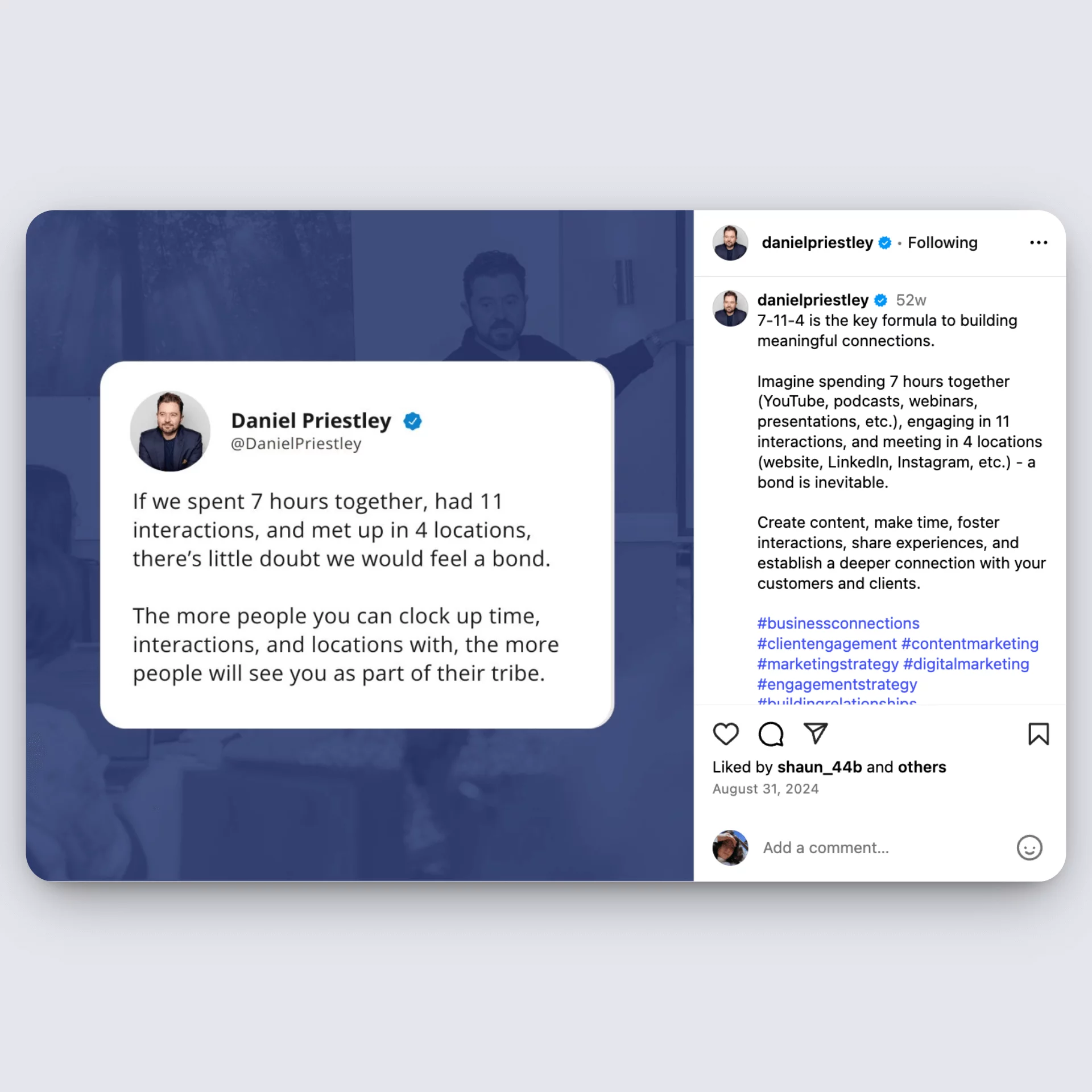 Instagram post from Daniel Priestley explaining the 7-11-4 rule for brand connection.