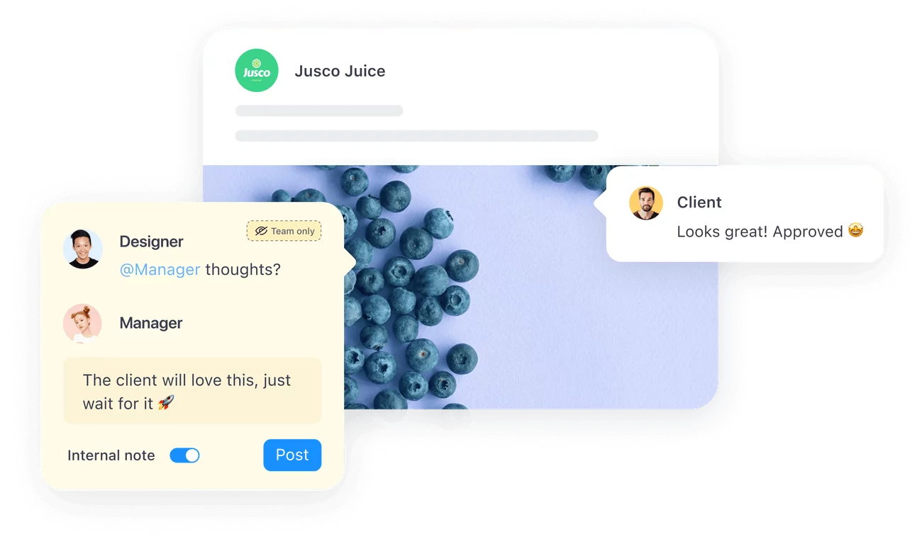 Team feedback in Planable showing internal notes and client comment approving a post.