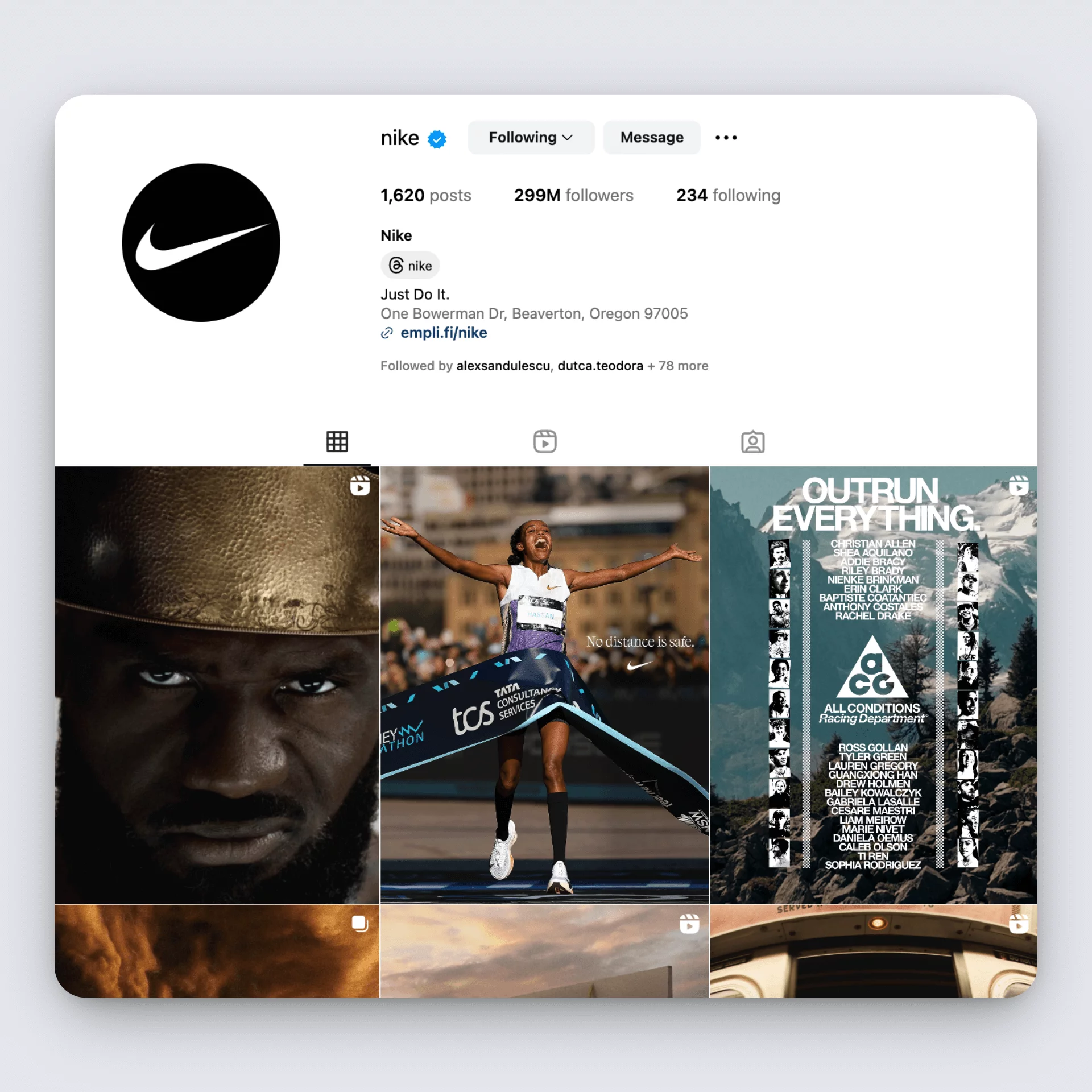 Nike's Instagram profile with bold visuals, 299M followers, and strong brand messaging.