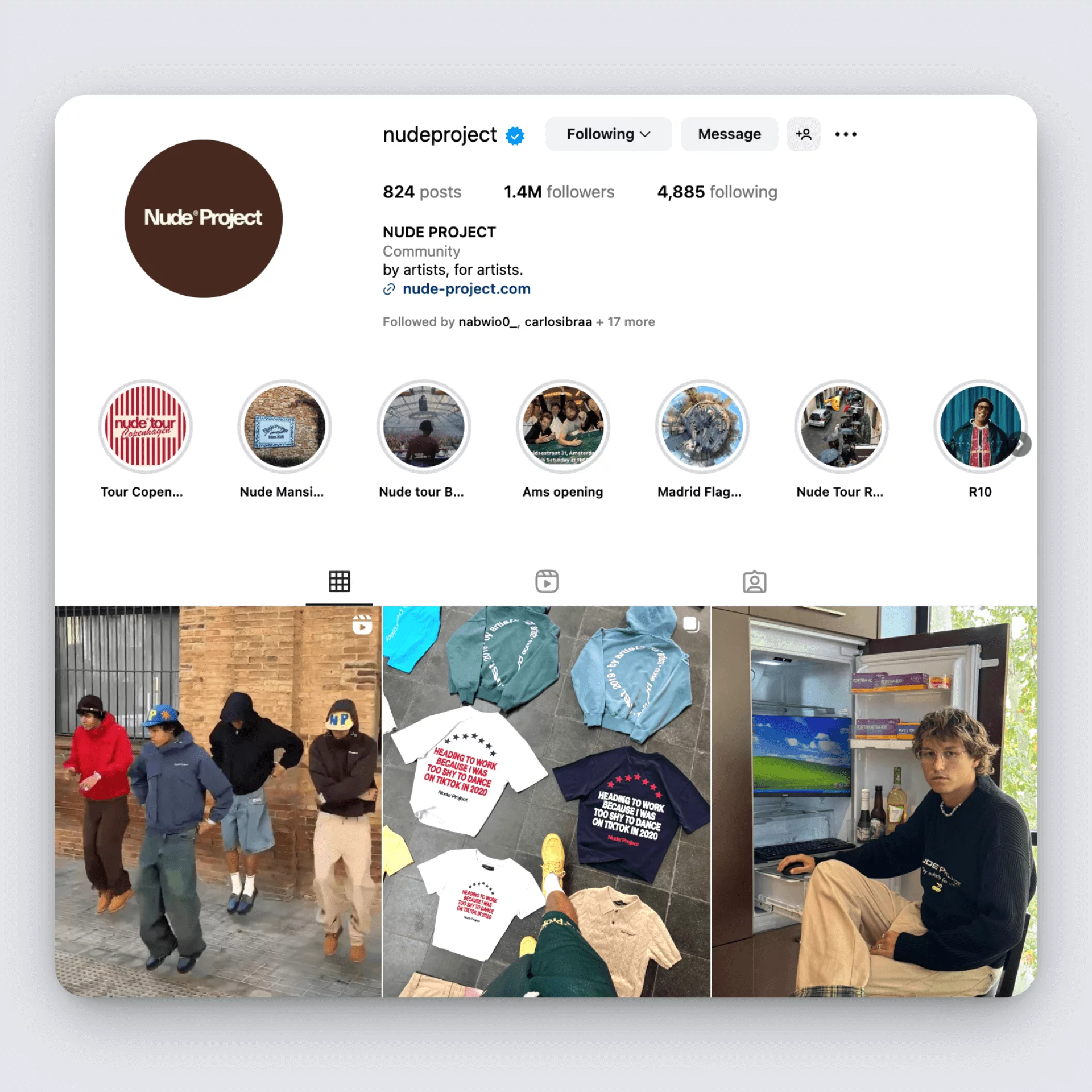Nude Project’s Instagram with reels, branded merch, and community-driven content.