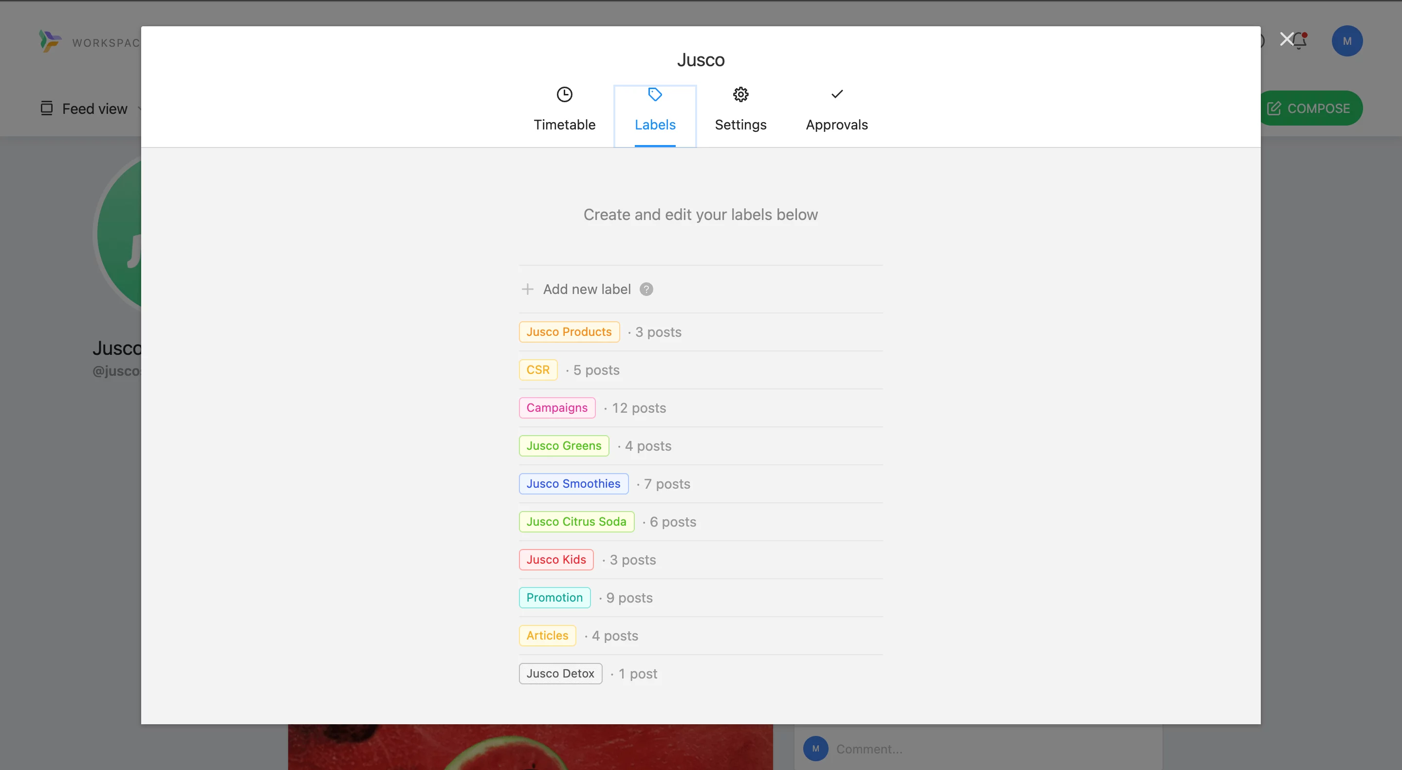 Planable app settings dashboard for labels