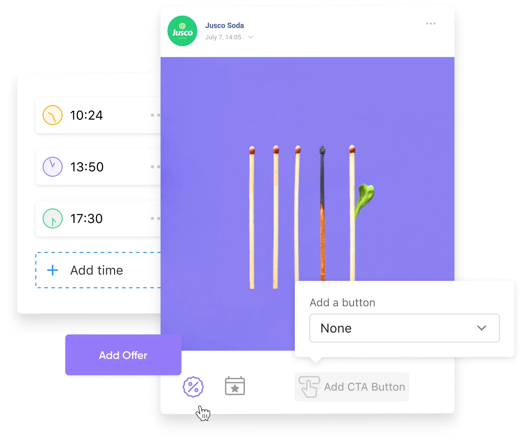 Social media scheduling interface in Planable, with options to set times, add a call-to-action button, and create offers.