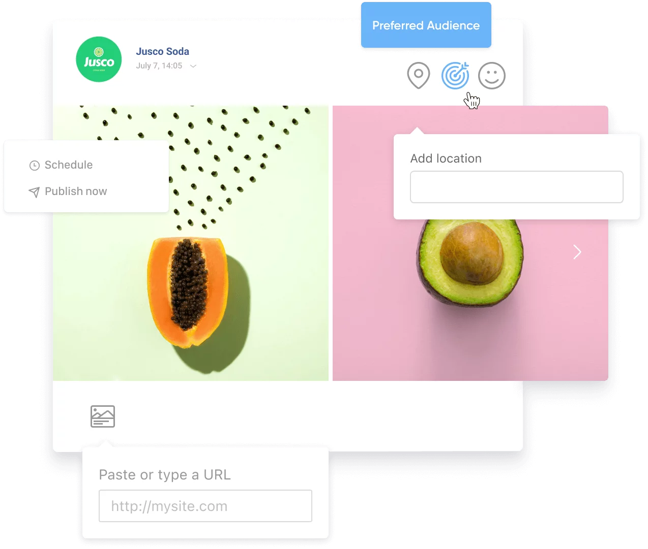 Social media post editor in Planable for Jusco Soda, featuring papaya and avocado images, with options to schedule, add location, and target audience.