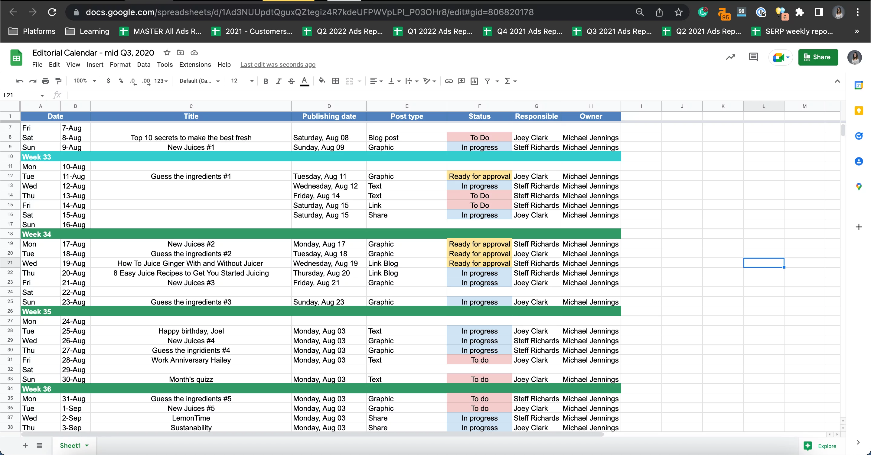 spreadsheet containing a social media calendar broken down by weeks and including the publishing date, post type, status and owner