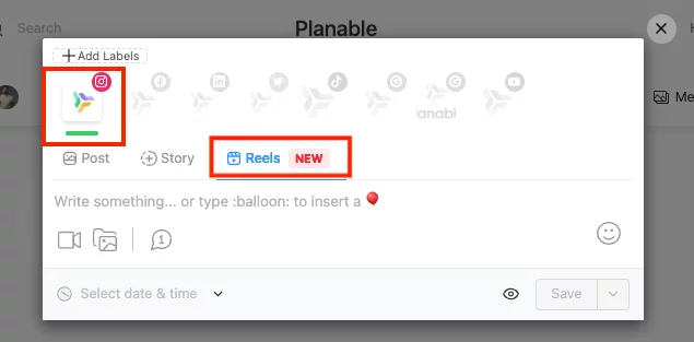 Planable app composer with Instagram Reels 