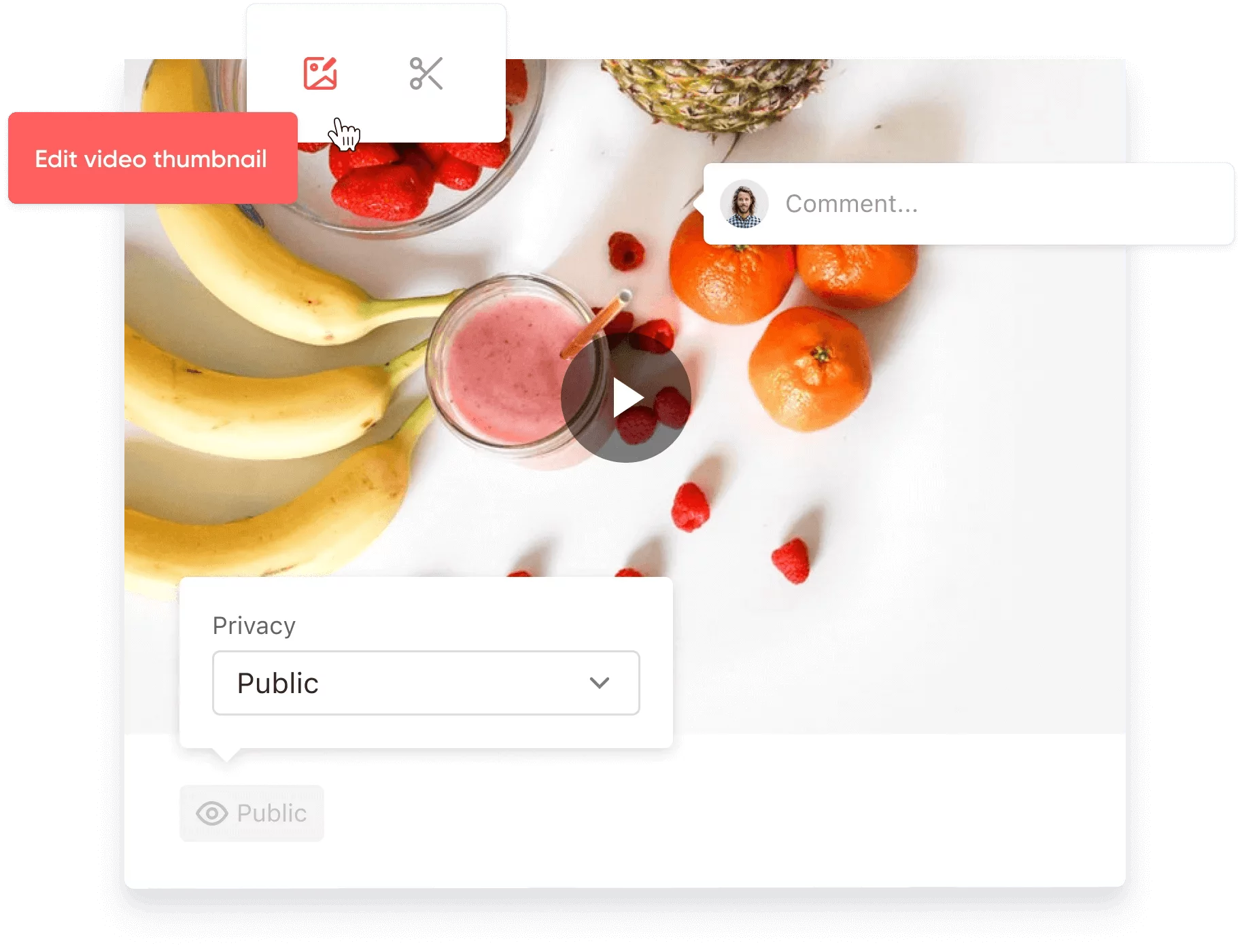 Video post editor in Panable with a smoothie thumbnail featuring bananas, oranges, and berries; options to edit thumbnail and set privacy to public