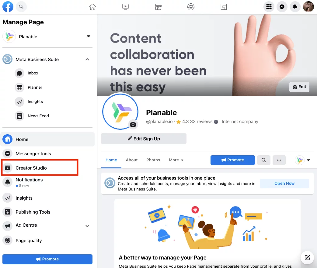 screenshot of a Facebook Business page with the leftside bar that includes Creator Studio