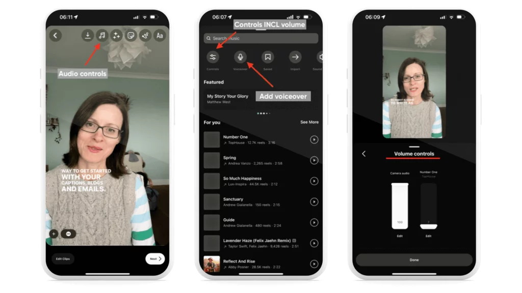 adding audio, voiceover and controlling the volume when creating instagram reels