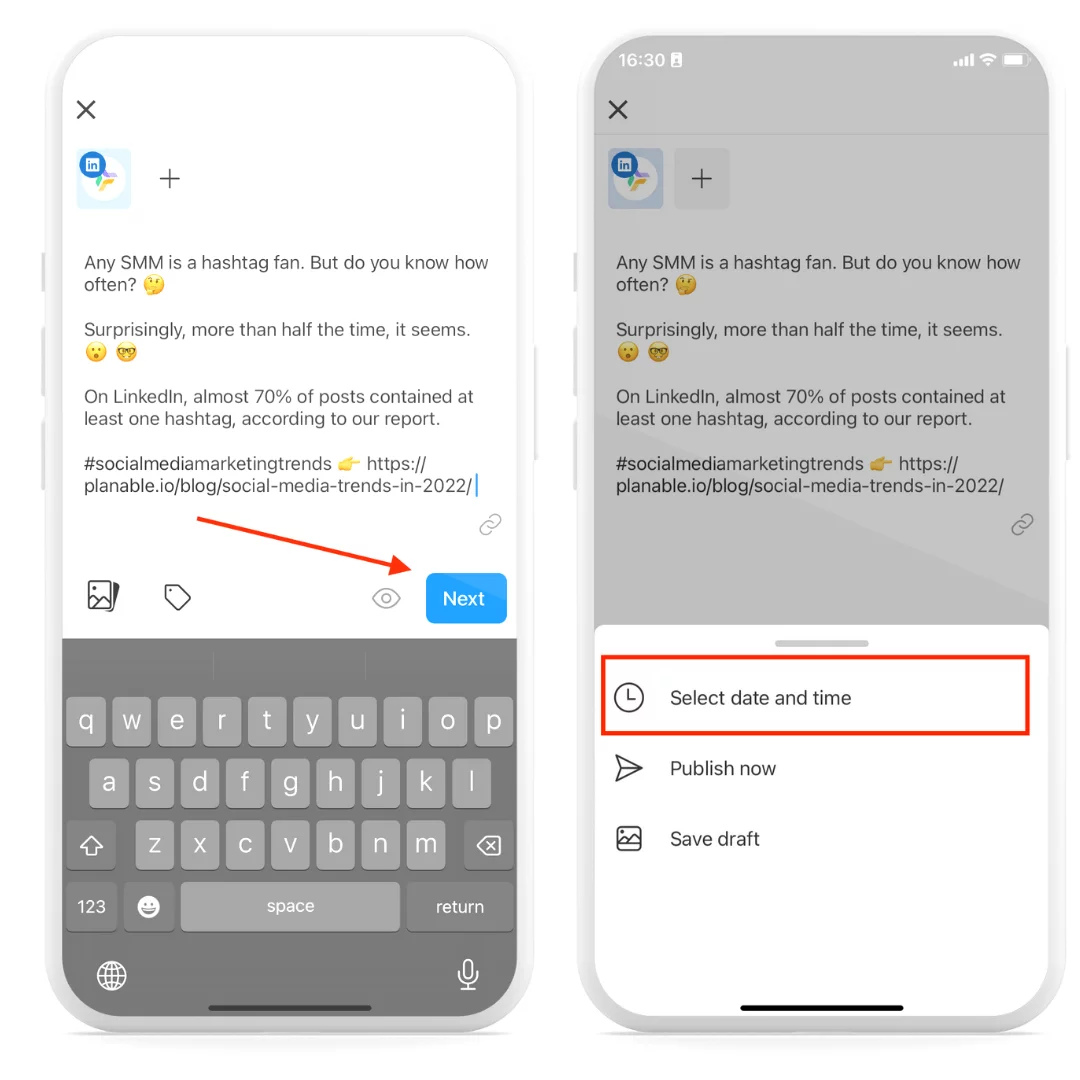 how to select time and date for a scheduled linkedin post in the planable mobile app