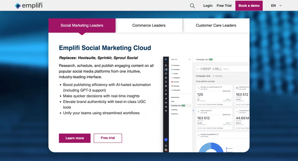 Emplifi combines AI-generated content, UGC sourcing tools, and social scheduling.