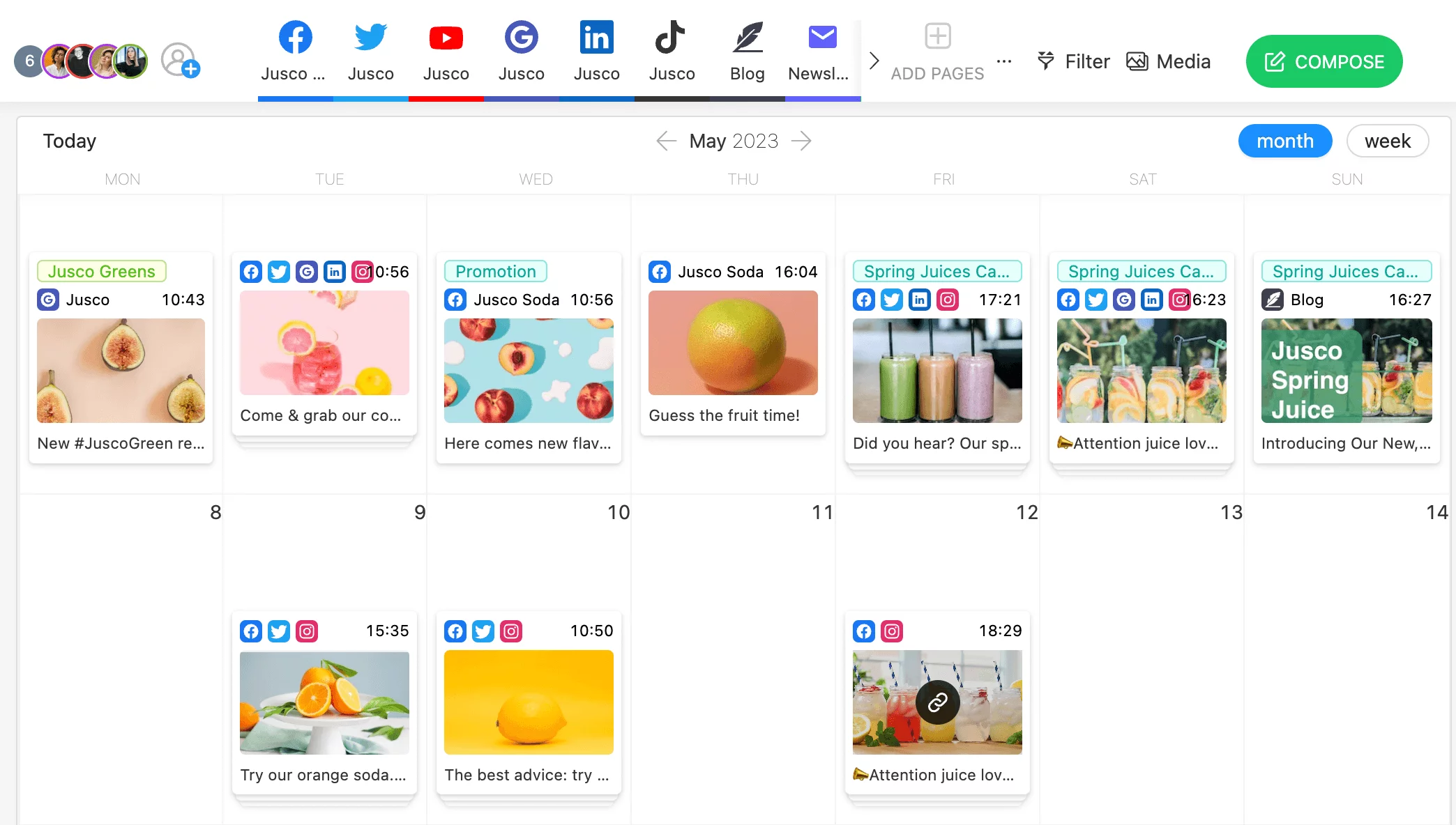 Screenshot showing a calendar view with multiple social media platforms and scheduled posts in Planable.