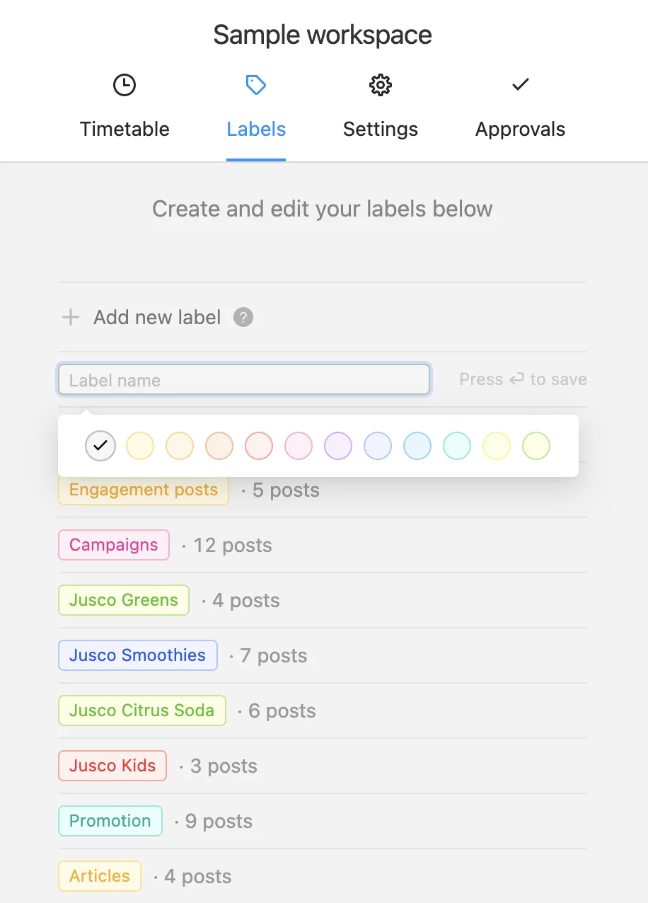 Social media calendar in Planable with labels and filters.