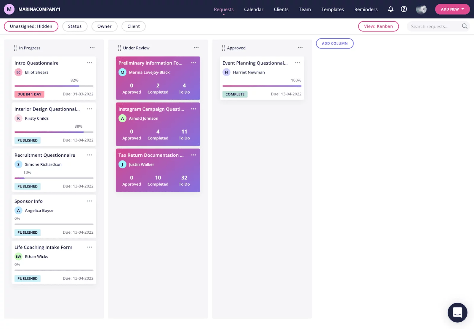 Content Snare's dashboard with drag and drop interface and statuses.