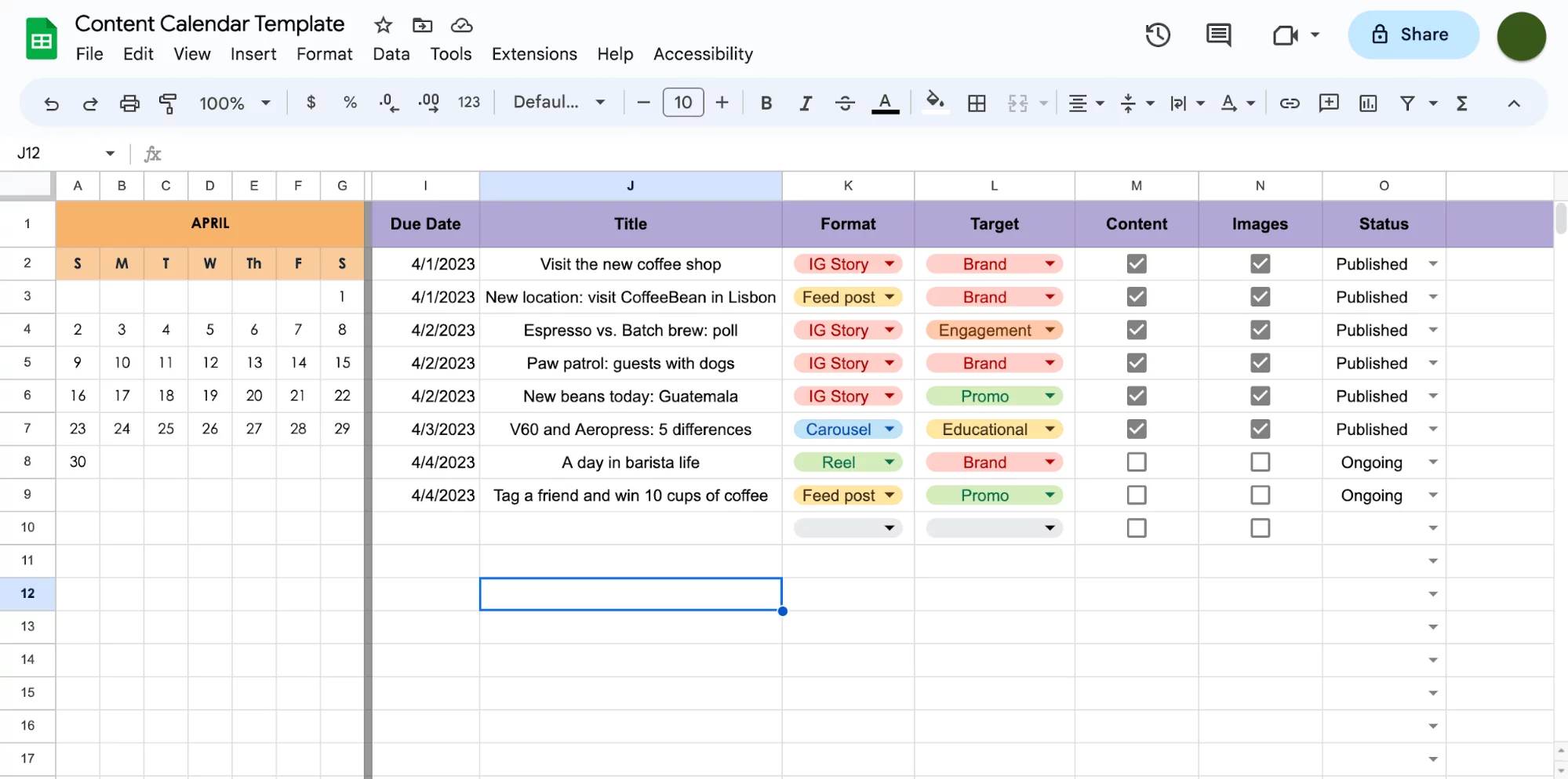 Free template for social media calendars in spreadsheets. 