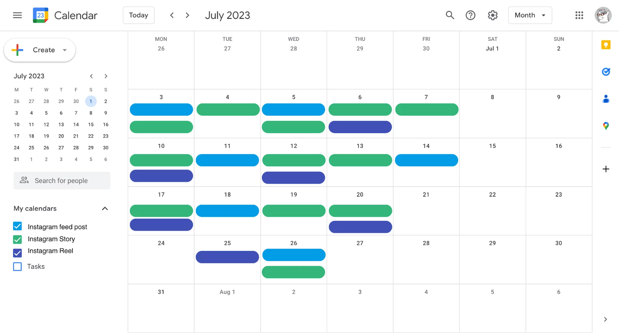Color-coded content types to navigate the social media calendar. 