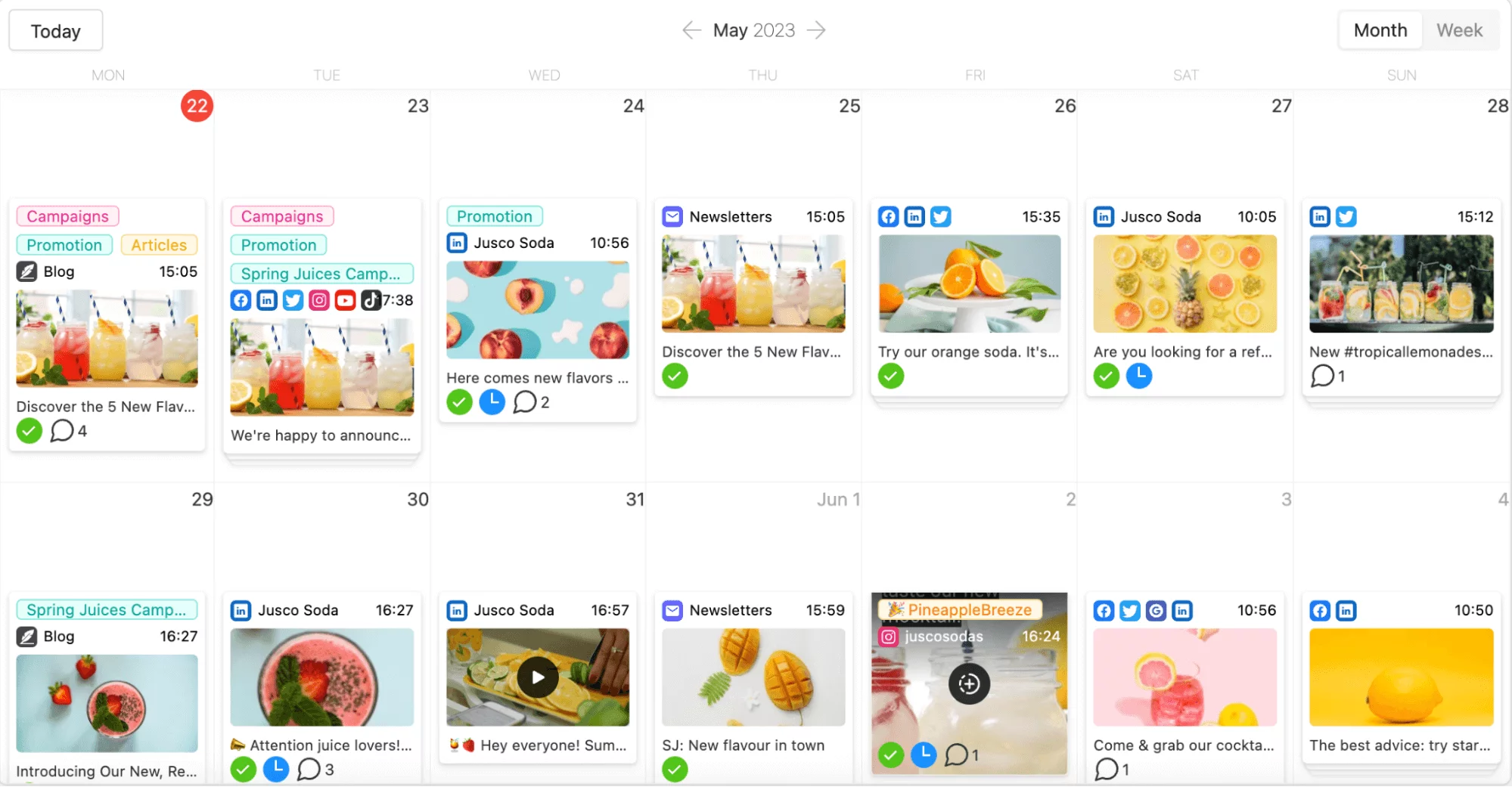 social media posts scheduled across multiple platforms arranged in calendar view by days