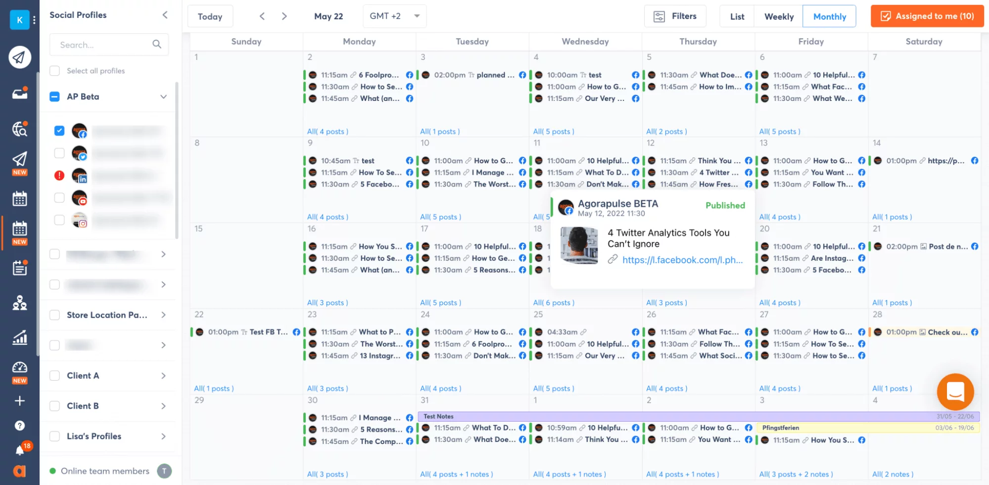 social media calendar with scheduled posts in agorapulse app main dashboard