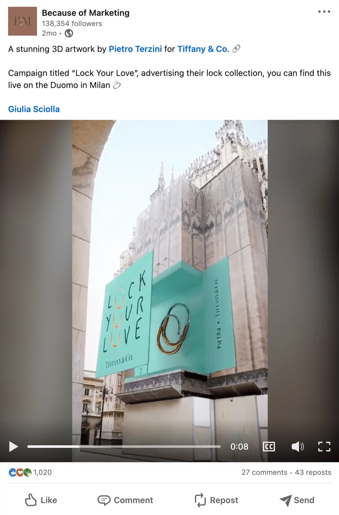 LinkedIn update from Because of Marketing showing a 3D artwork by Pietro Terzini for a Tiffany &Co campaign titled "Lock Your Love".