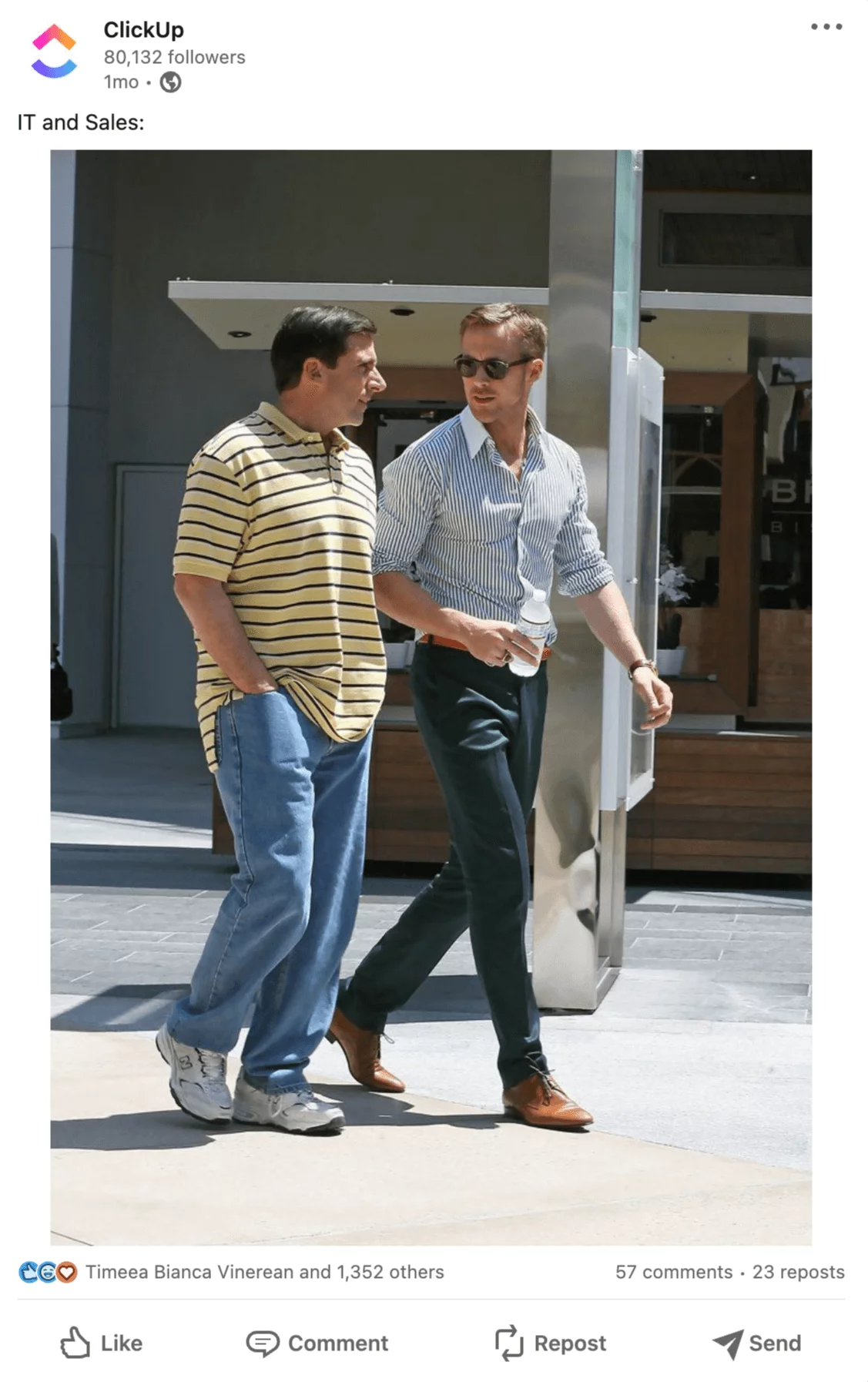 ClickUp's LinkedIn update showing a meme about IT and Sales using a photo of Ryan Gosling and Steve Carell.