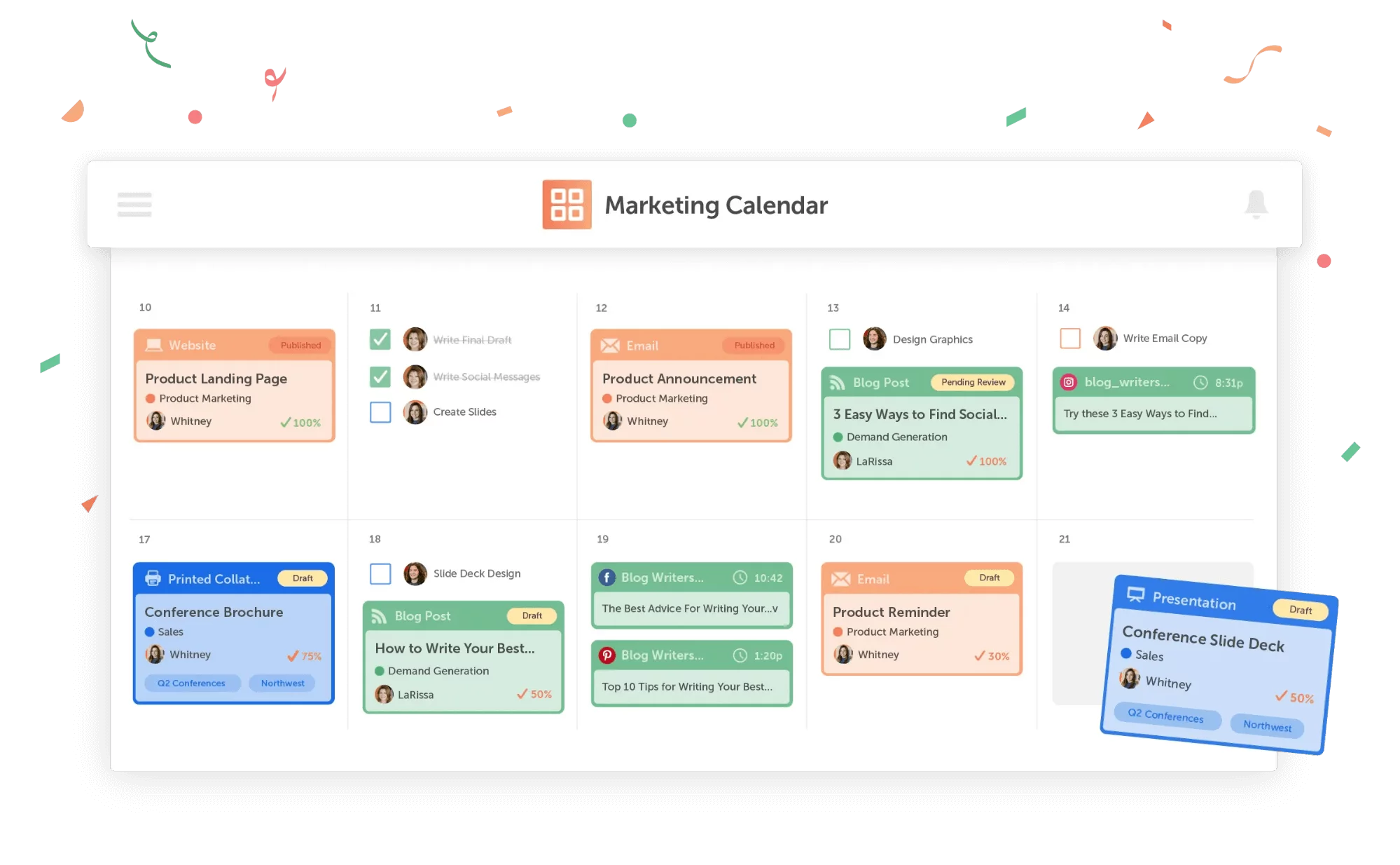 Calendar view with multiple marketing assets in Coschedule