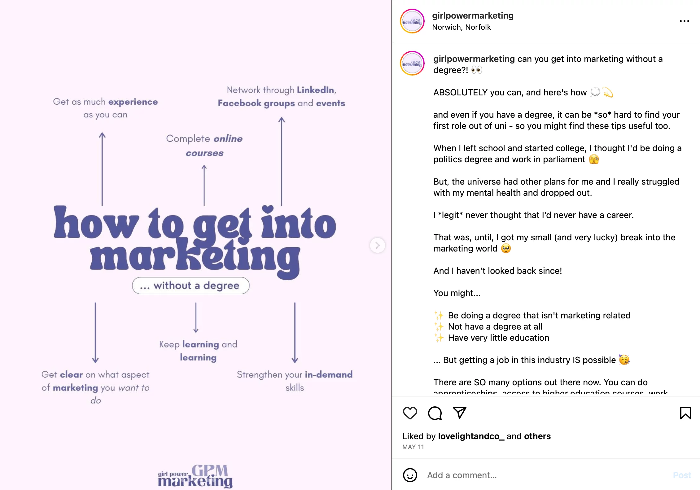 Instagram post with a graphic representation of 6 steps how to get into marketing, made by @girlpowermarketing account
