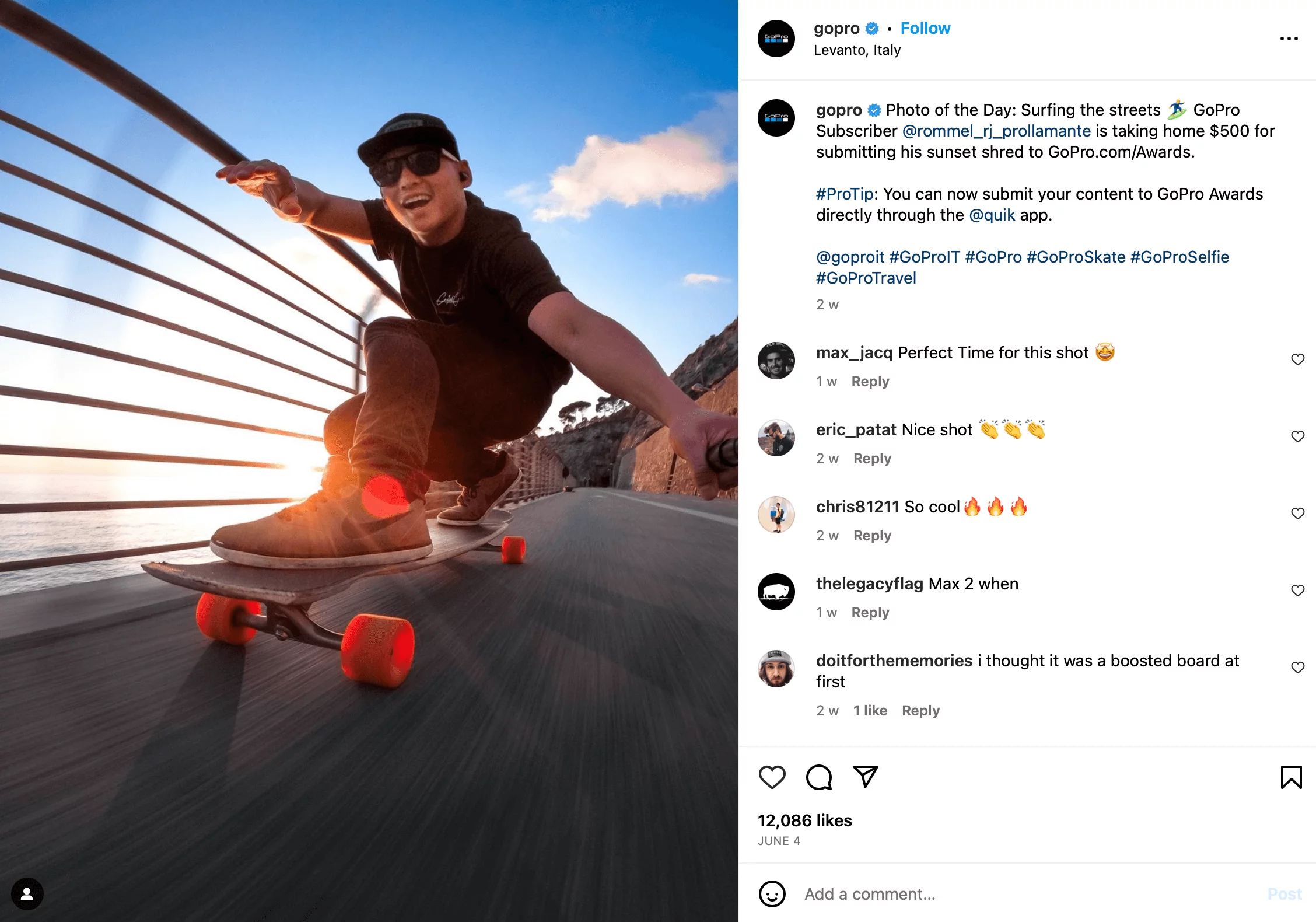 GoPro photo of the day Instagram post showing a skateboard surfer on a street with a blue sky background