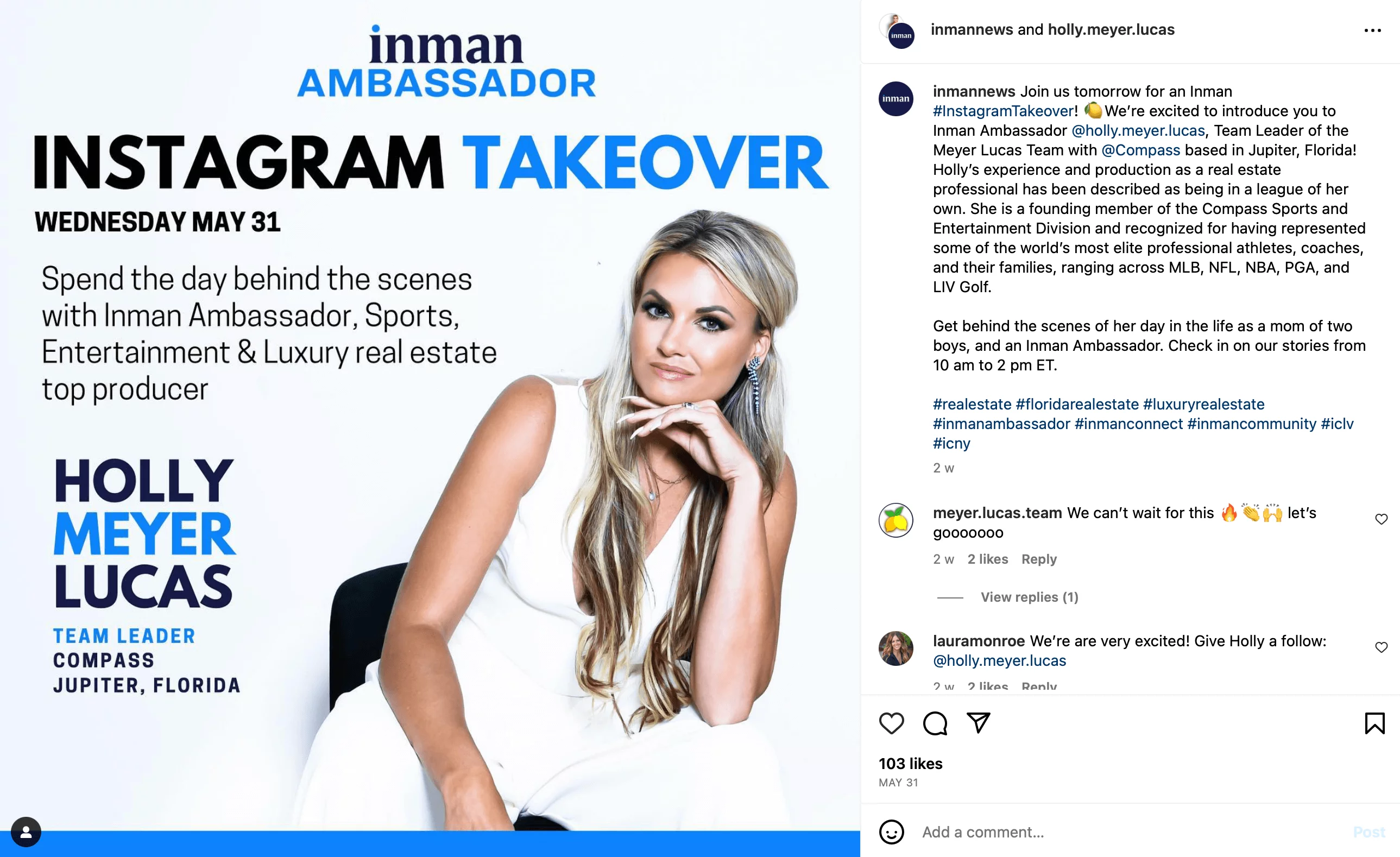 Instagram post announcing the takeover of the @inmannews account by @holly.meyer.lucas on Wednesday, May 31