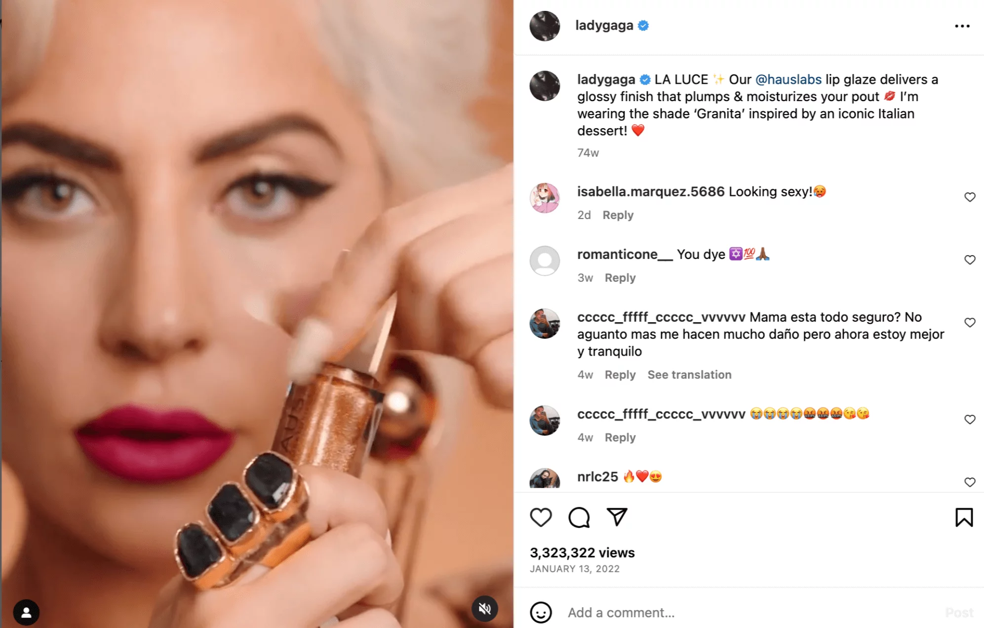 Instagram post by Lady Gaga showcasing Haus Labs' lip glaze product.