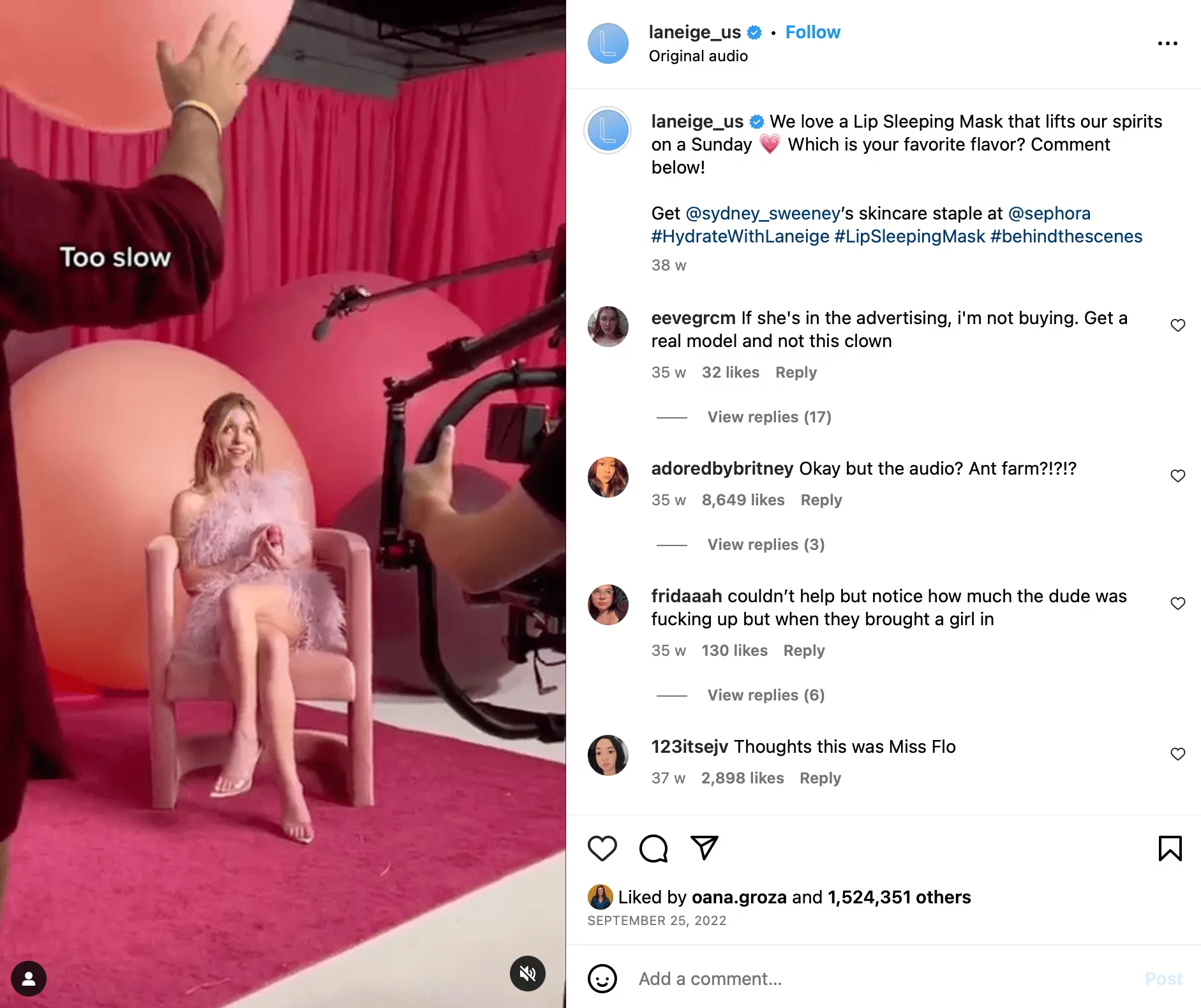 Behind the scenes video from @laneige_us during filming a commercial with Sydney Sweeney about sleeping masks on a pink background with balloon props.