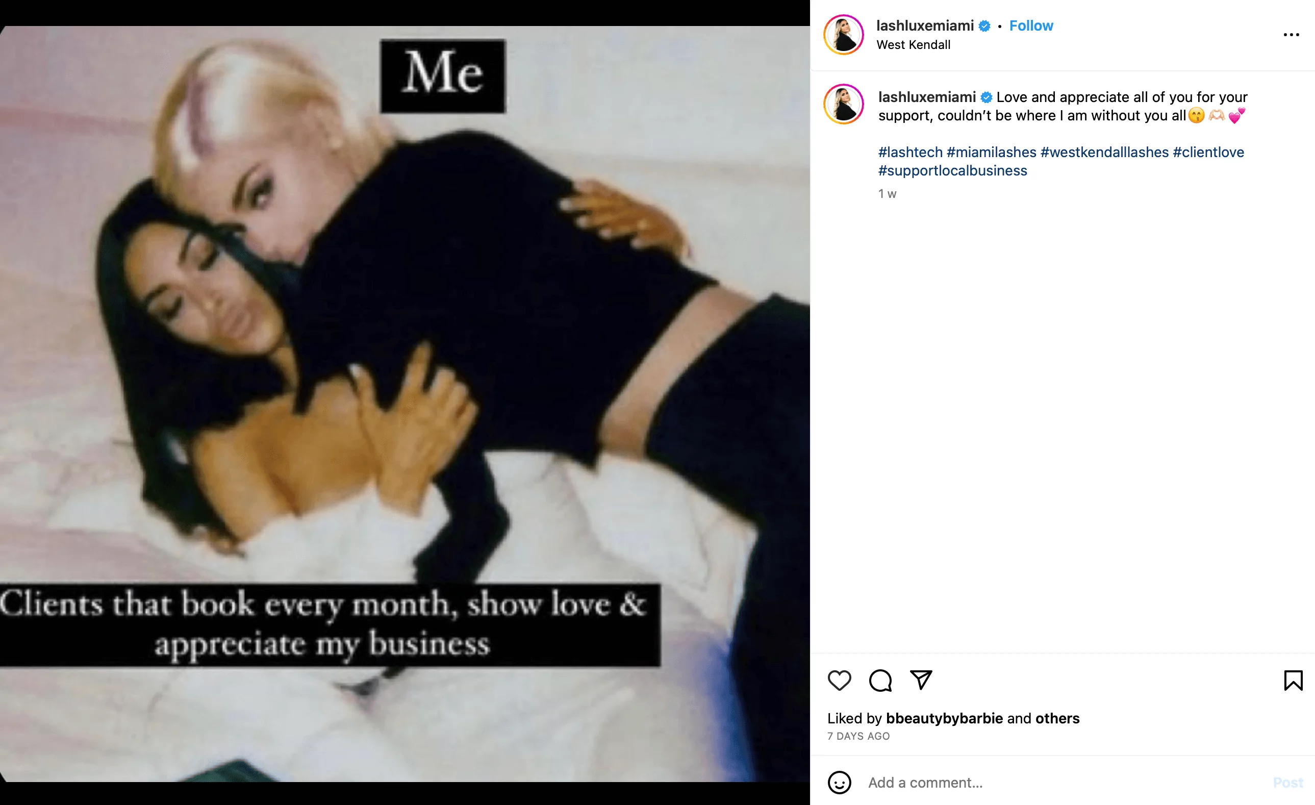 @lashluxemiami's meme on Instagram with two Kardashian sisters about her and clients appreciating her business.