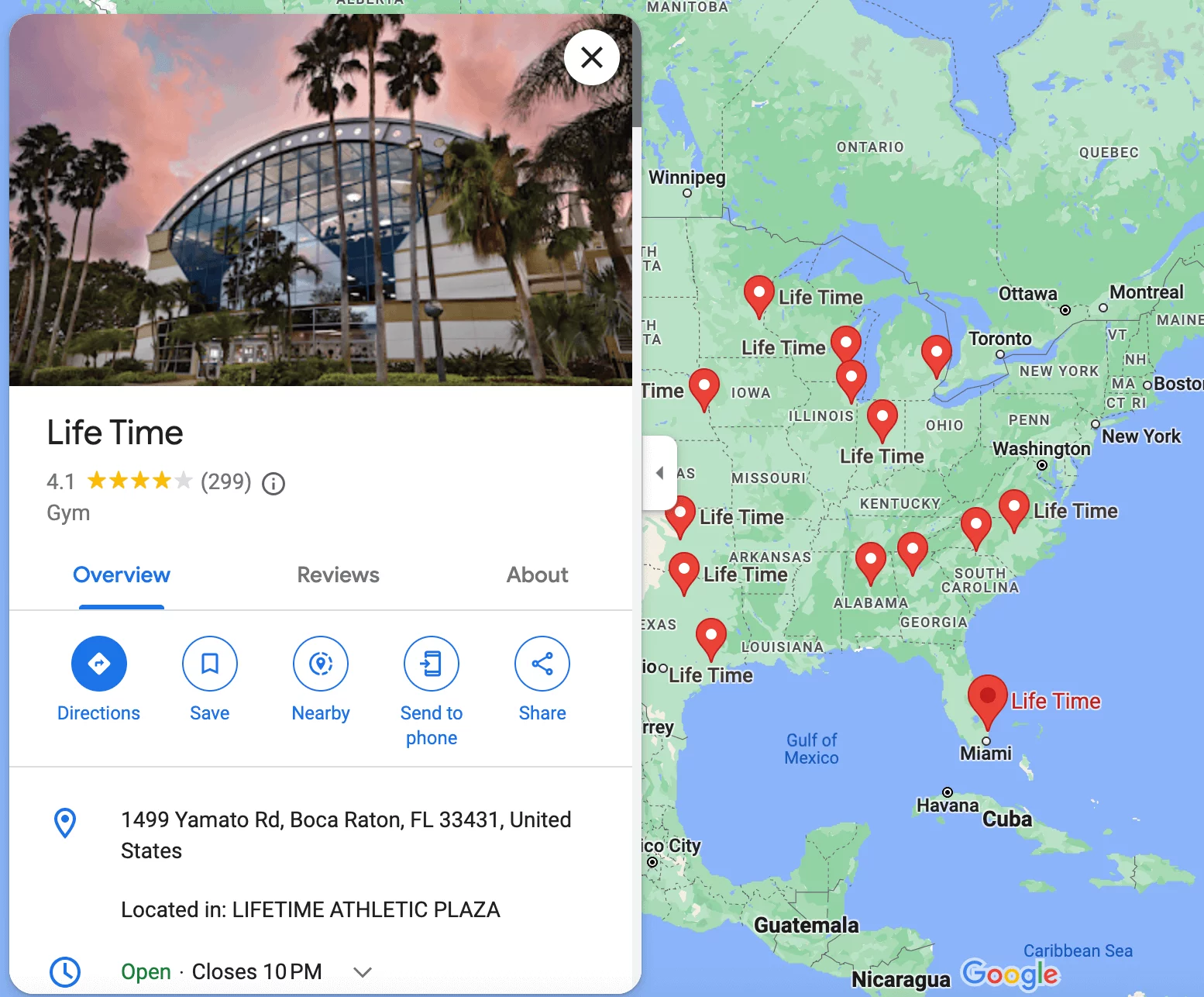Life Time Fitness Google My Business profile with location's photo and 4.1 rating and business multi locations across America pinned on the map.