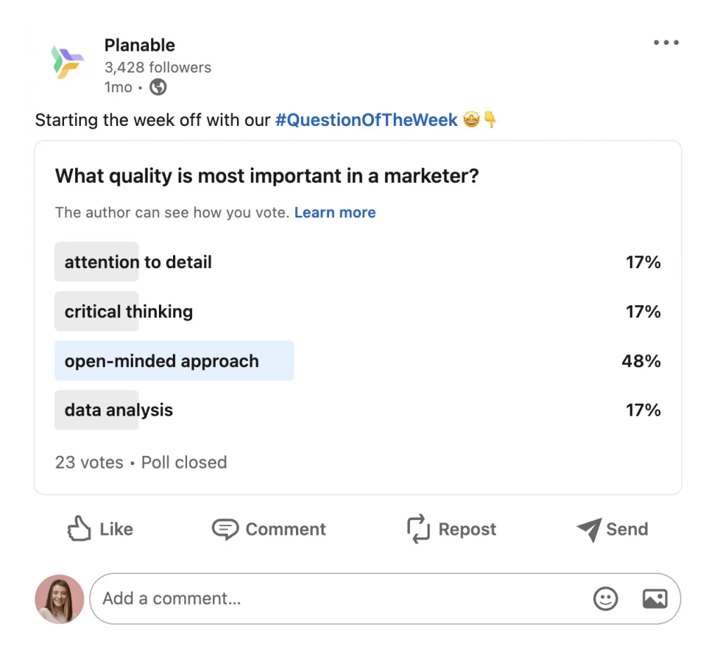 Planable LinkedIn poll on the most important quality for a marketer