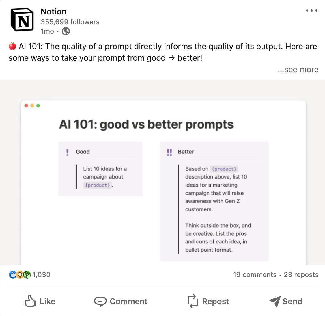 Helpful LinkedIn post from Notion sharing good vs better AI prompts