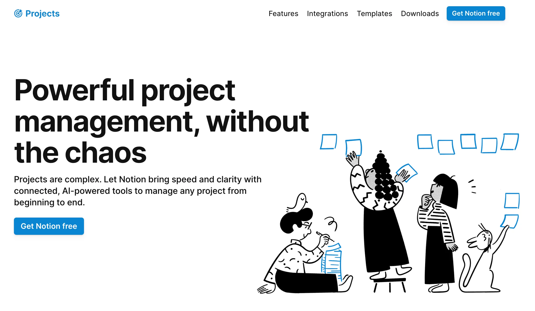 Notion website screenshots showing its projects feature as useful for powerful project management, without the chaos.