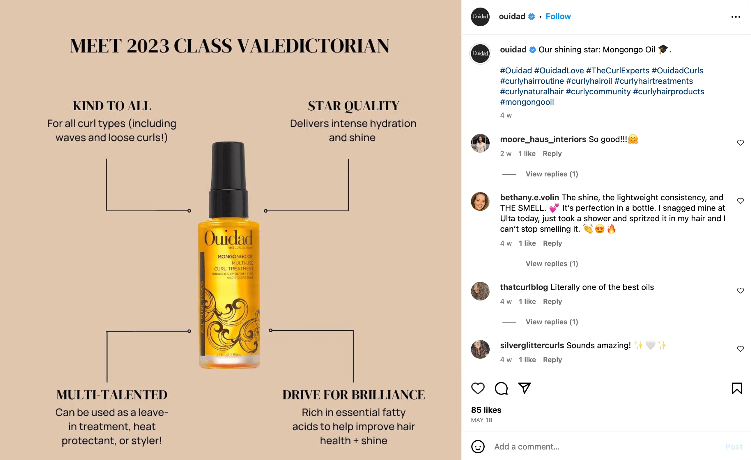 @ouidad's Mongongo Oil product presented as 2023 class valedictorian with relatable product characteristics on Instagram